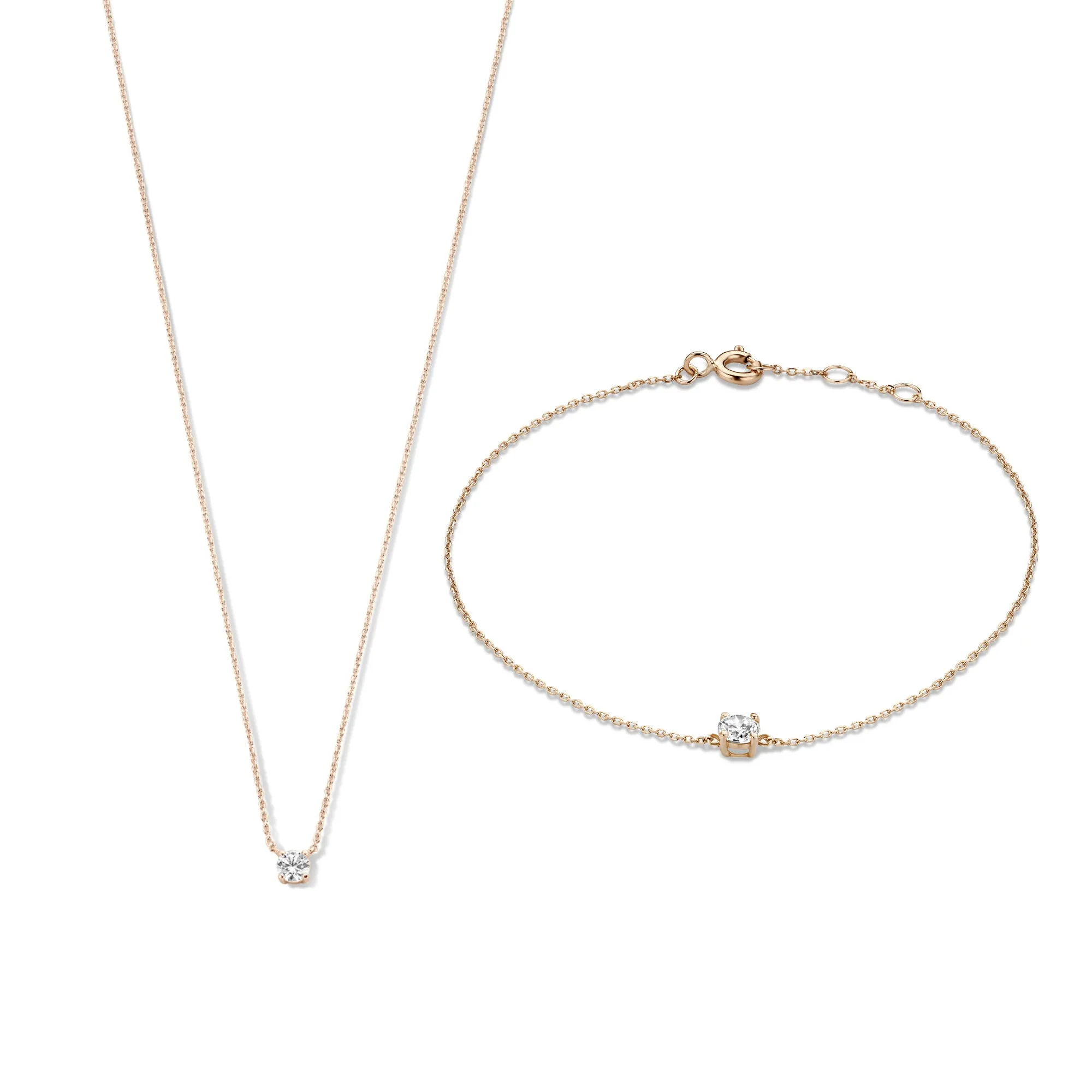 Cadeau d'Isabel 14 karat rose gold necklace & bracelet with zirconia