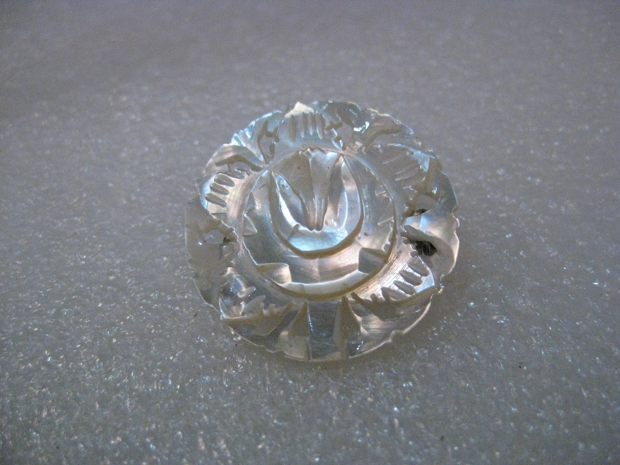 Carved Mother-of-Pearl Tulip Brooch, Cut-Out Design, 1950's, signed Bethlehem, 1.25"