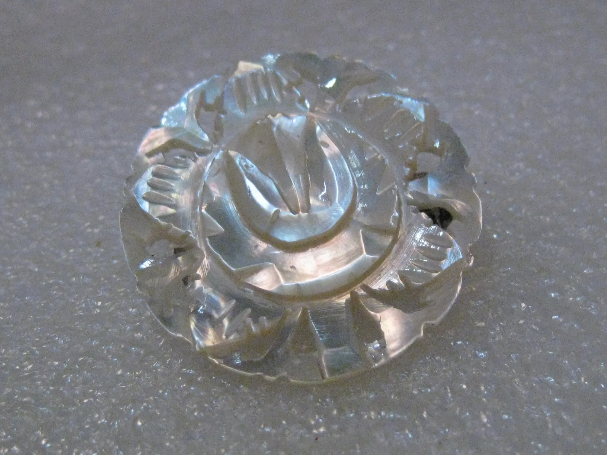 Carved Mother-of-Pearl Tulip Brooch, Cut-Out Design, 1950's, signed Bethlehem, 1.25"