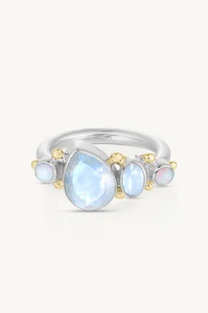 Cluster Moonstone & Opal Silver Ring