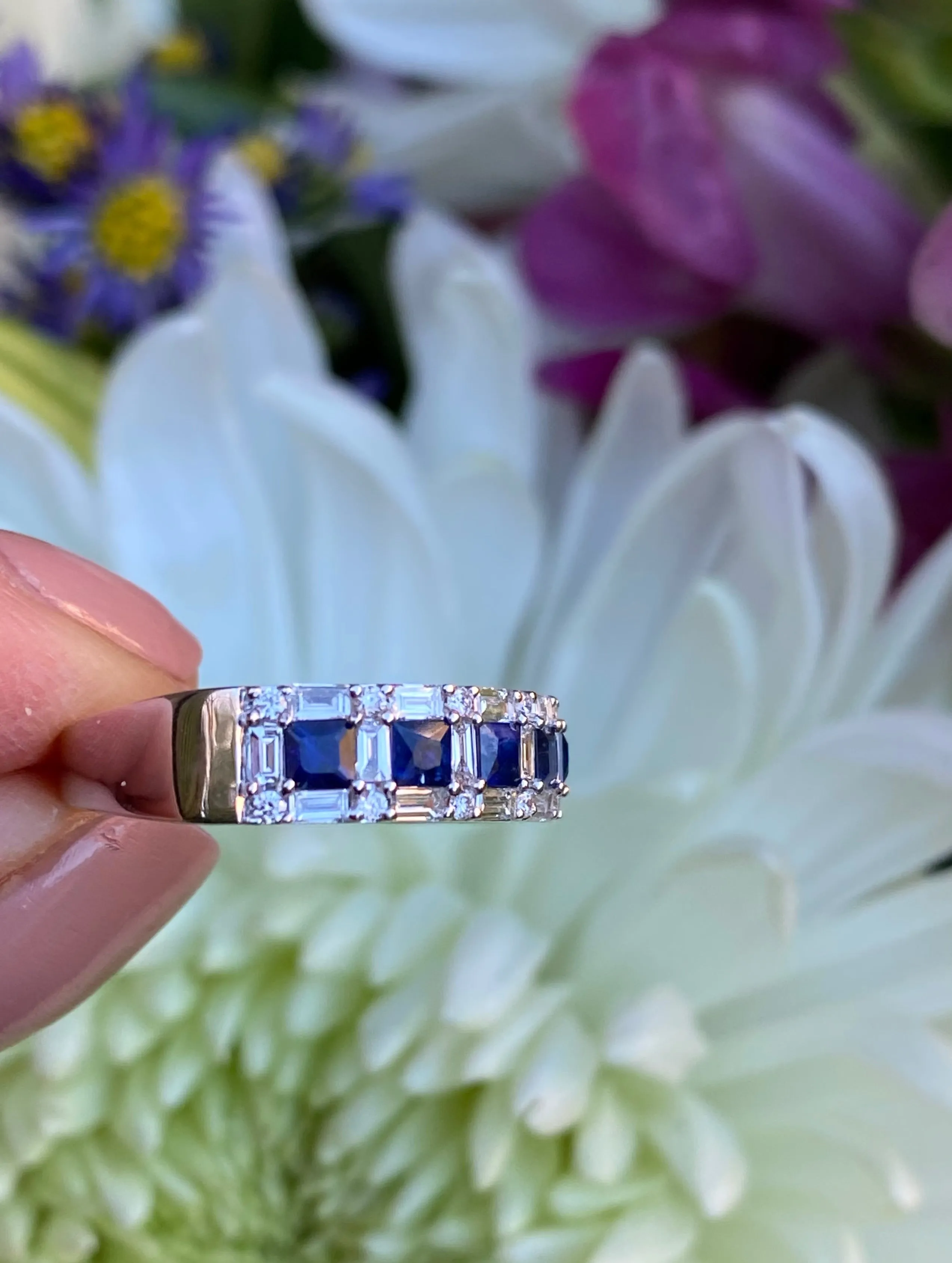 Contemporary Style Sapphire and Diamond Half Eternity Ring 0.58ct   0.90ct 18ct White Gold