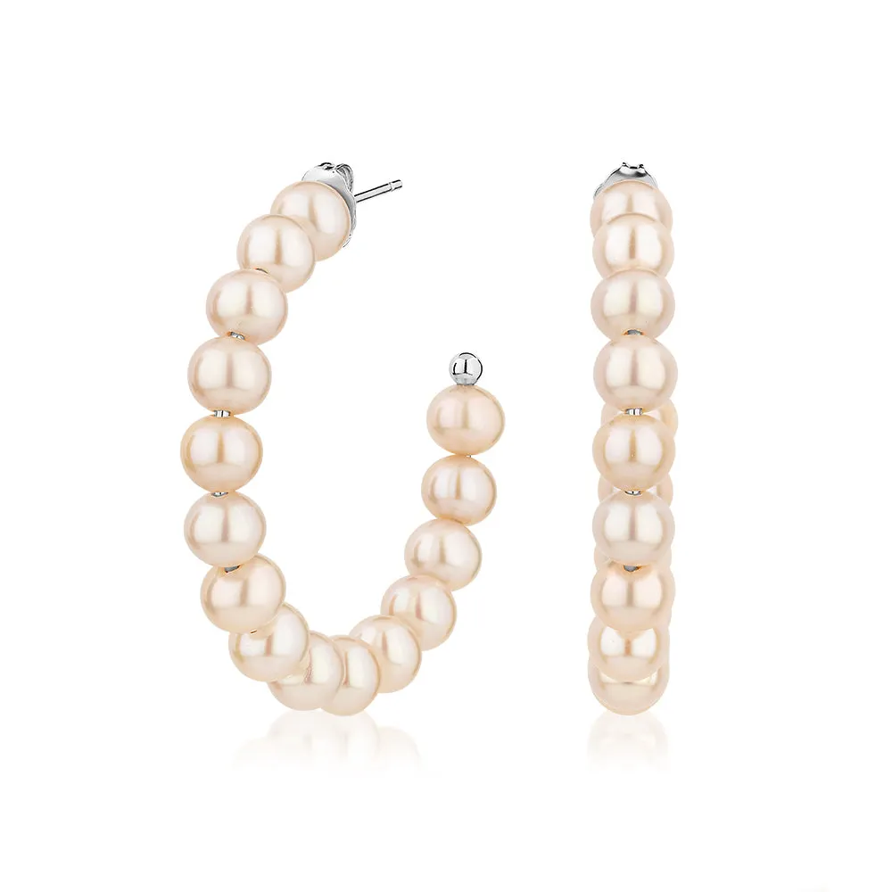 Cultured freshwater pearl hoop earrings in sterling silver