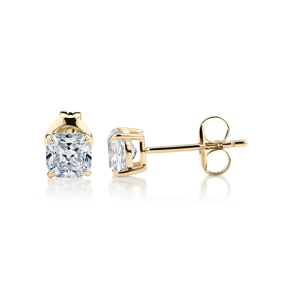 Cushion stud earrings with 1 carat* of diamond simulants in 10 carat yellow gold