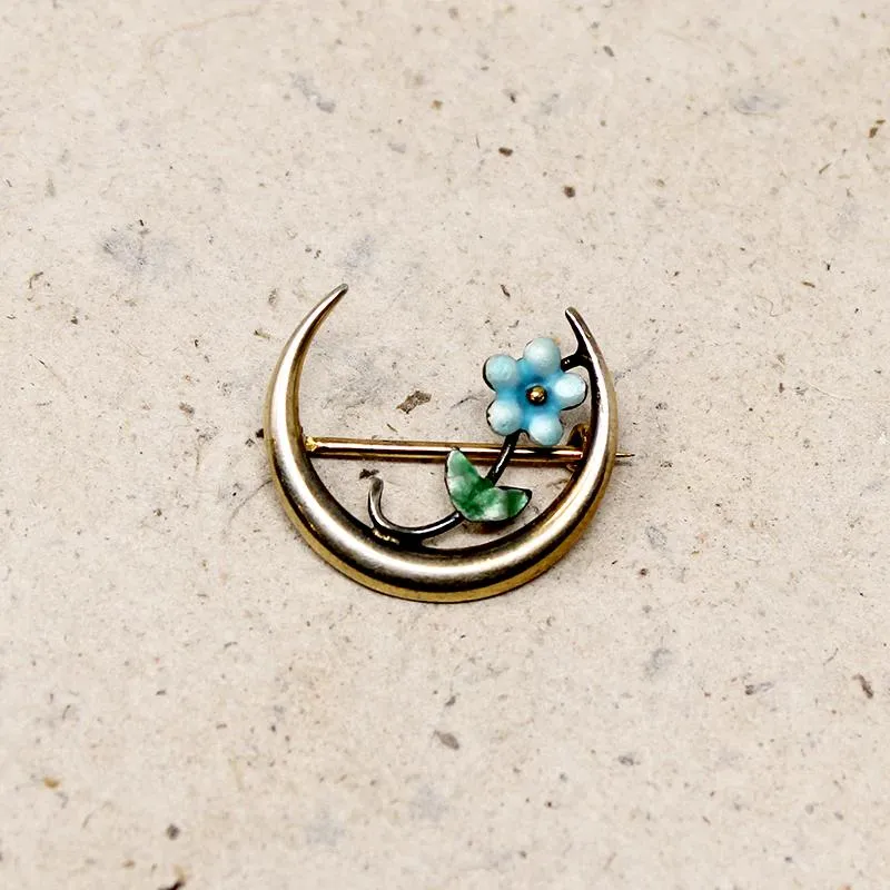 Dainty Victorian Forget Me Not & Crescent Moon Pin