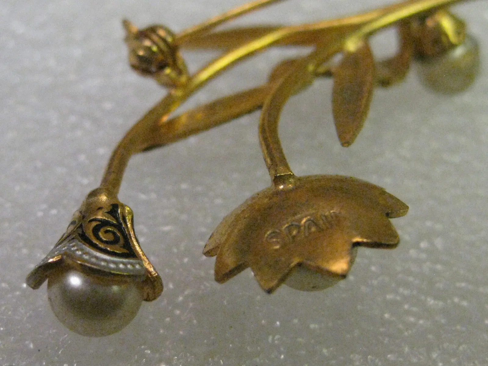 Damascene Floral Brooch, Faux Pearls, Flowers & Stems, 2.25" Long - vintage jewelry