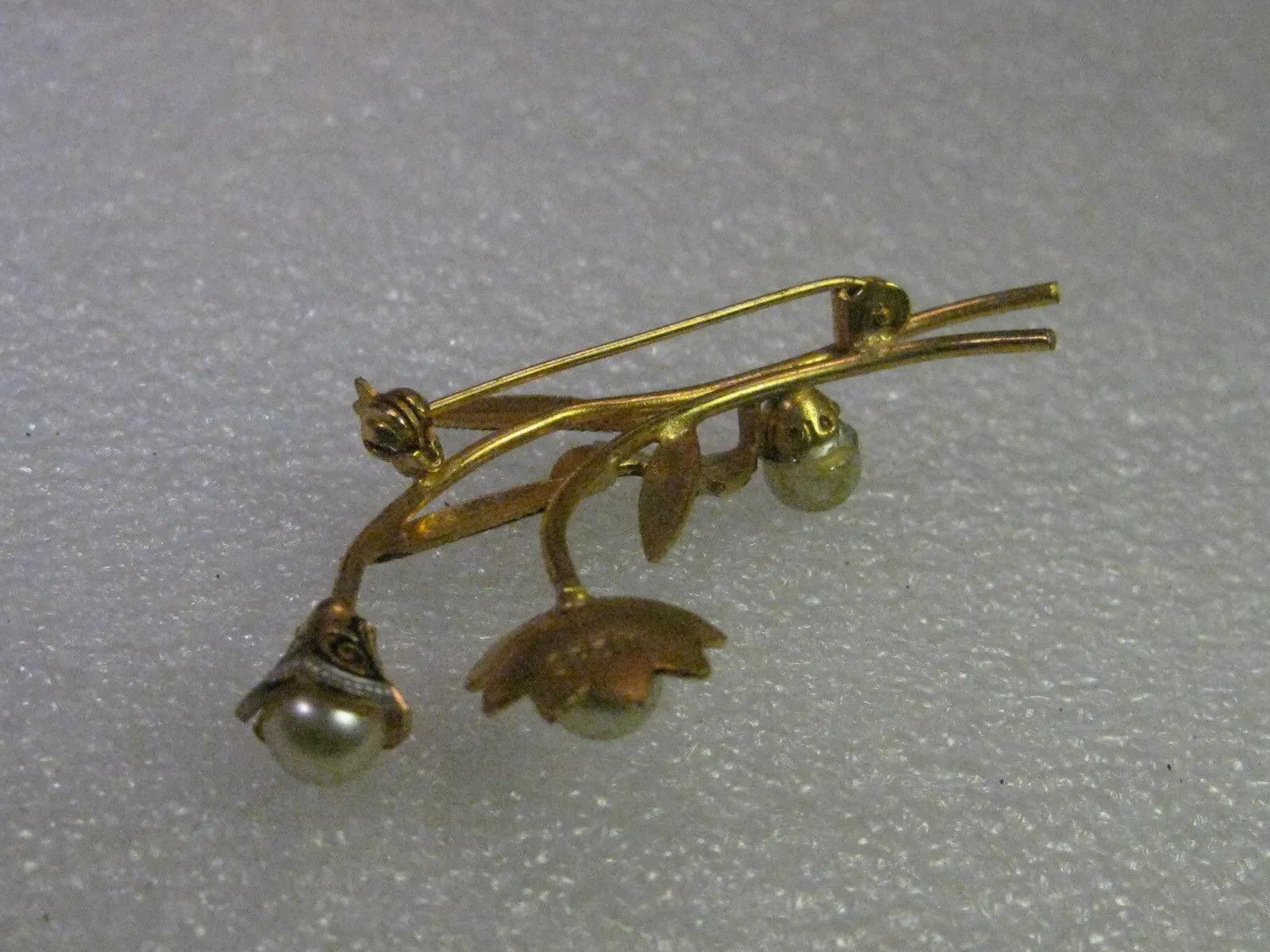 Damascene Floral Brooch, Faux Pearls, Flowers & Stems, 2.25" Long - vintage jewelry