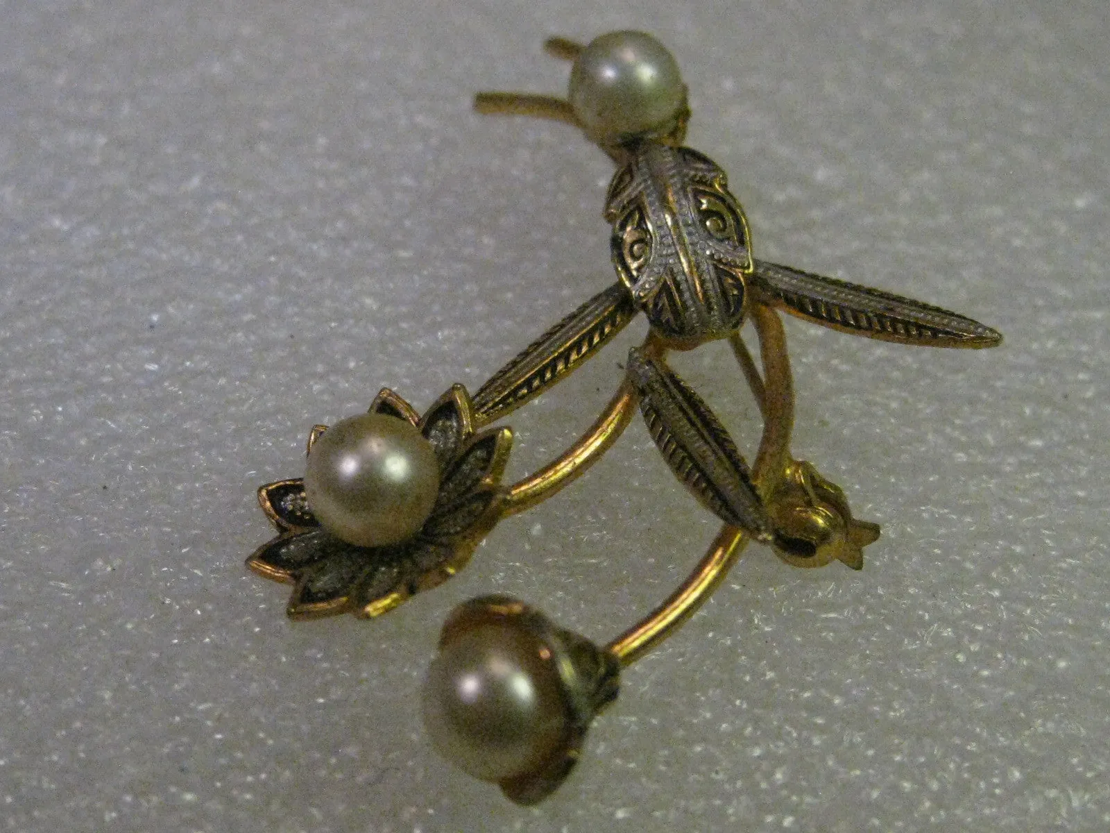 Damascene Floral Brooch, Faux Pearls, Flowers & Stems, 2.25" Long - vintage jewelry