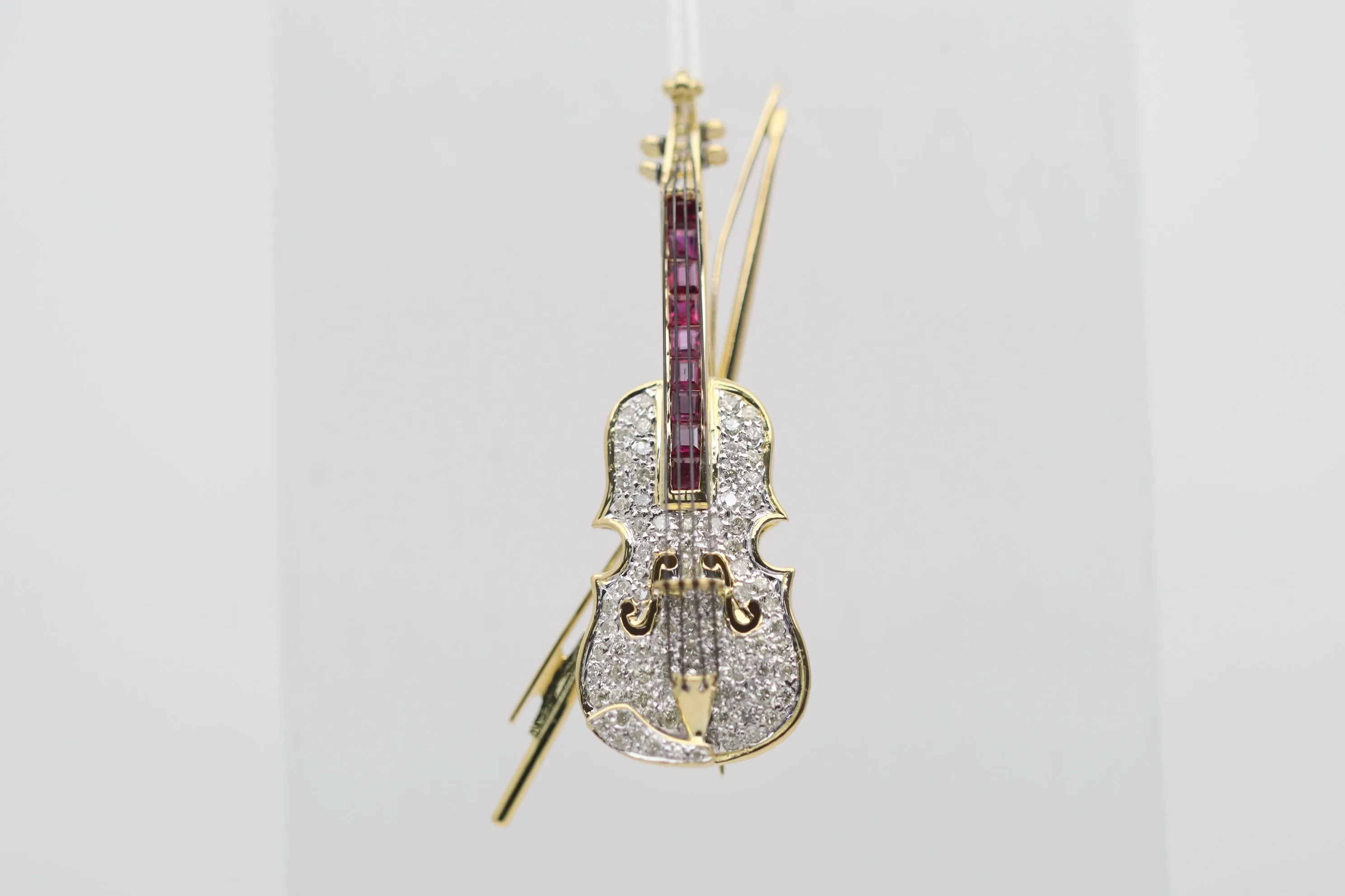 Diamond Ruby Gold Violin Brooch-Pendant