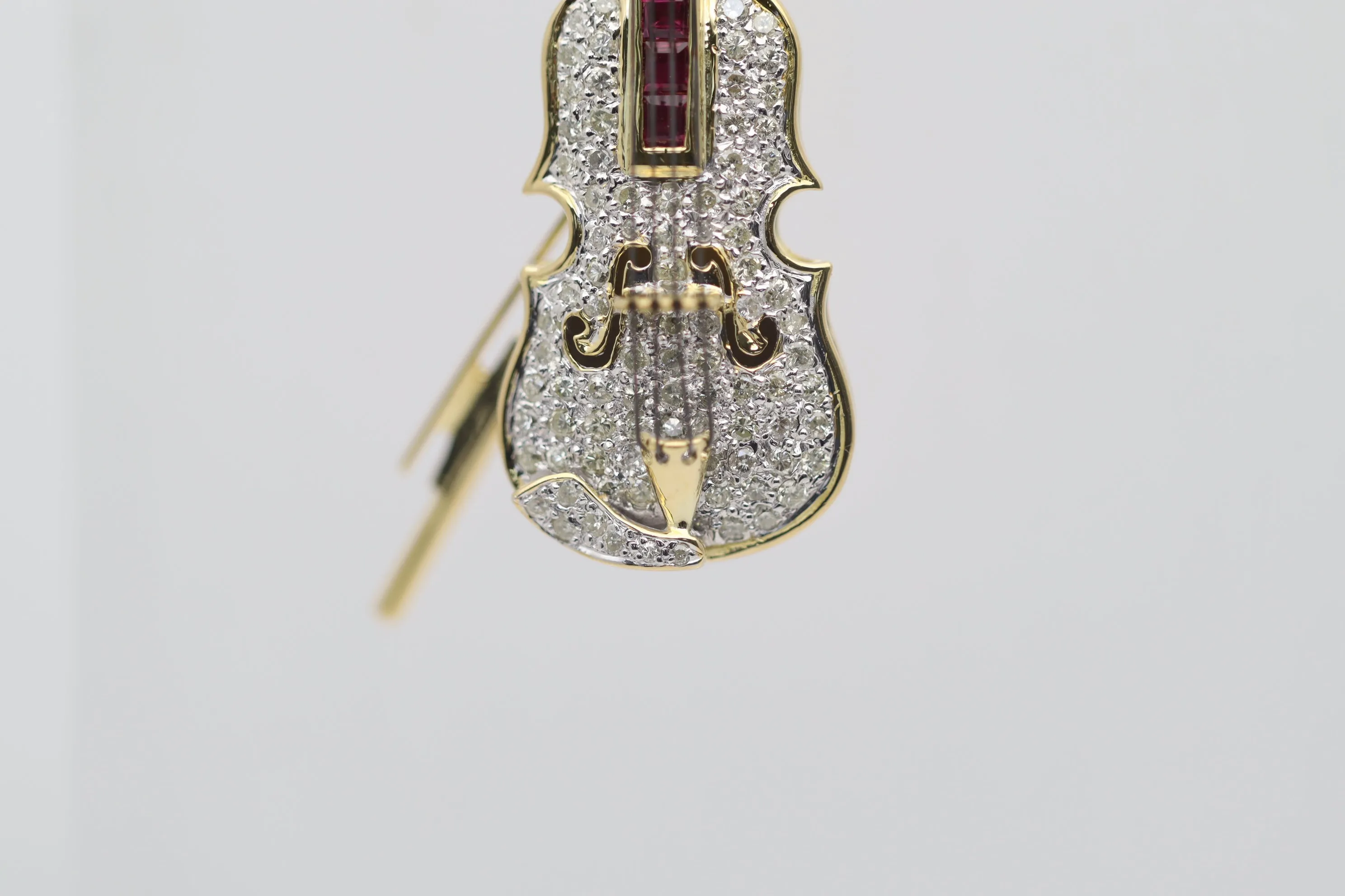 Diamond Ruby Gold Violin Brooch-Pendant
