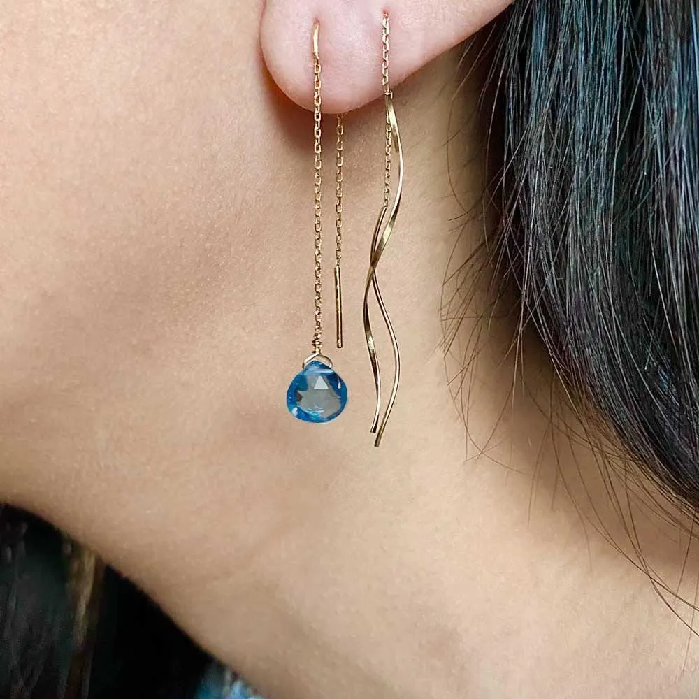 Drop Threader Earrings Blue Topaz - 18k Gold