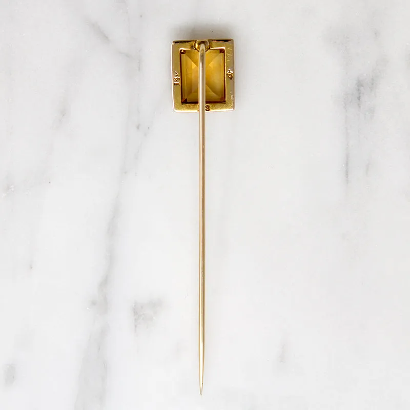 Edwardian Citrine & Engraved Gold Stick Pin