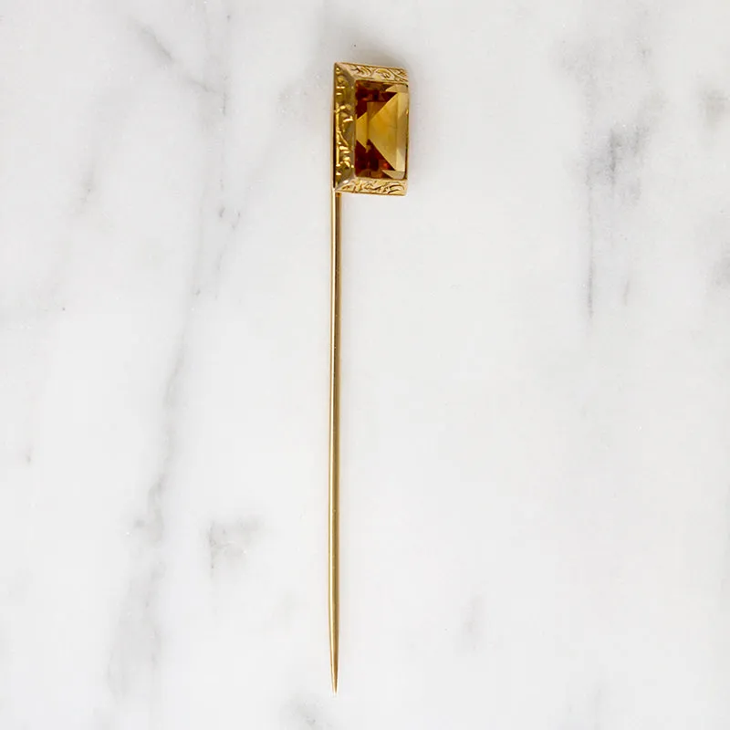 Edwardian Citrine & Engraved Gold Stick Pin
