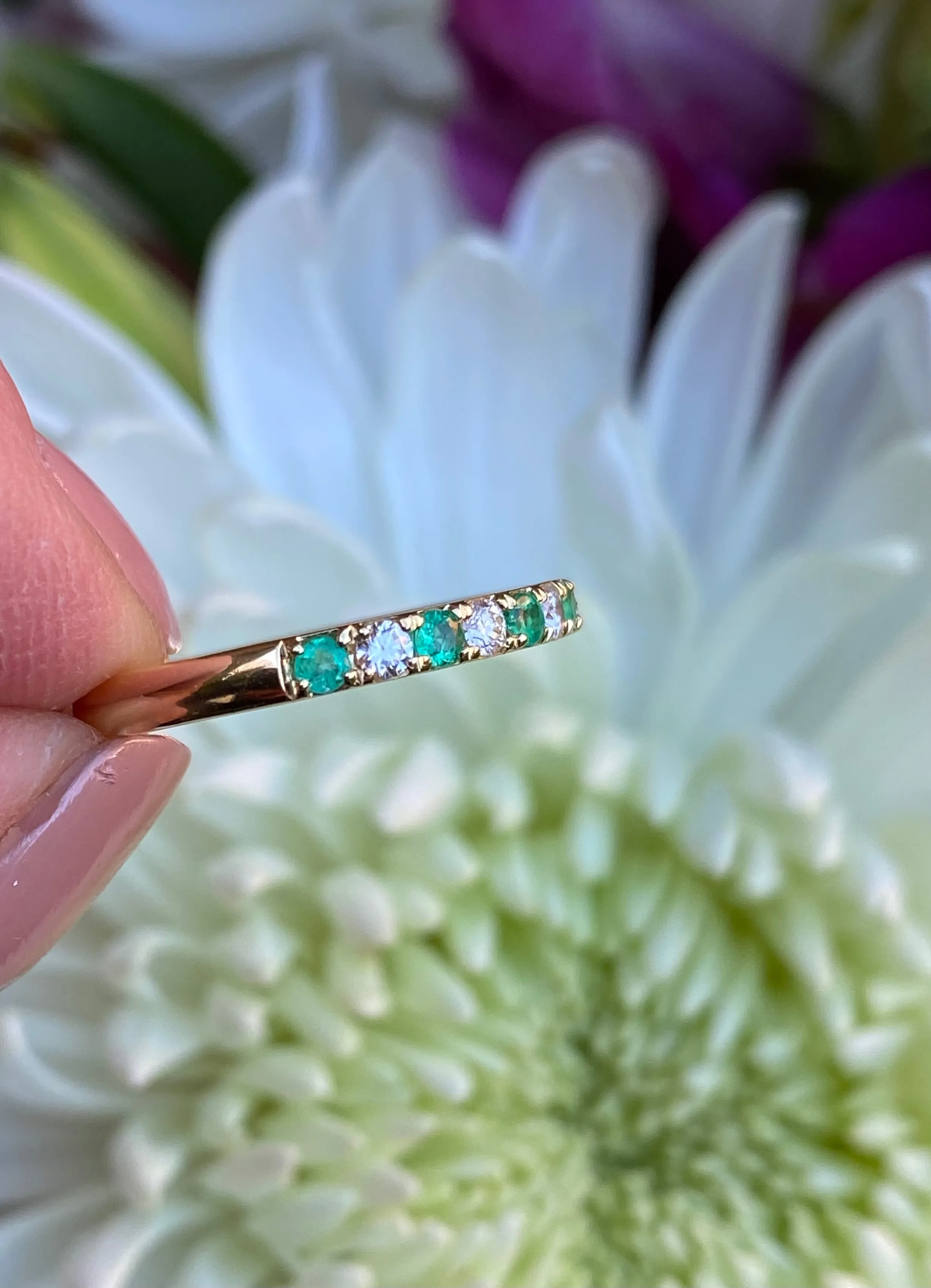 Emerald and Diamond Half Eternity Wedding Ring 0.17ct   0.19ct 18ct Yellow Gold