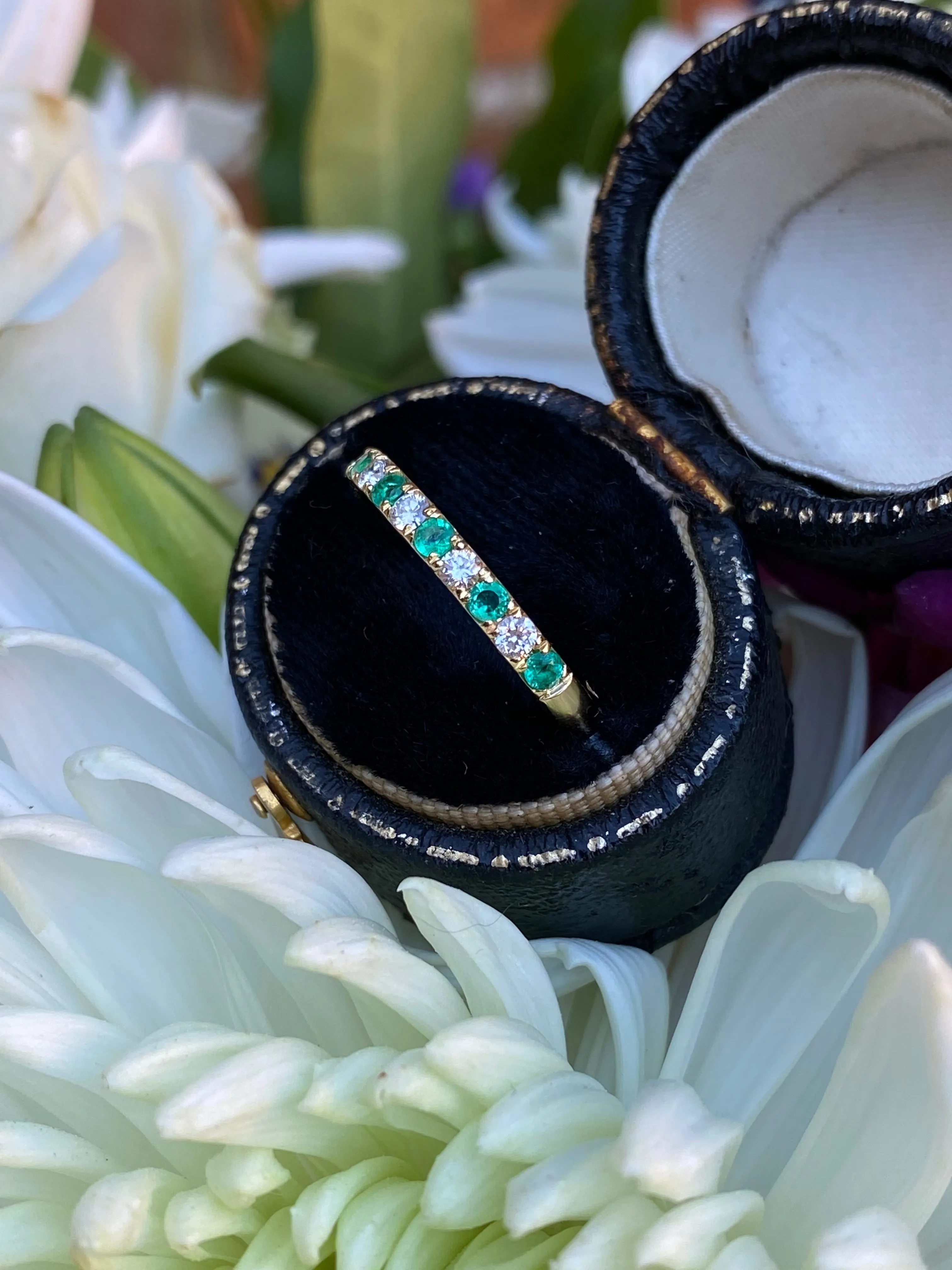 Emerald and Diamond Half Eternity Wedding Ring 0.17ct   0.19ct 18ct Yellow Gold