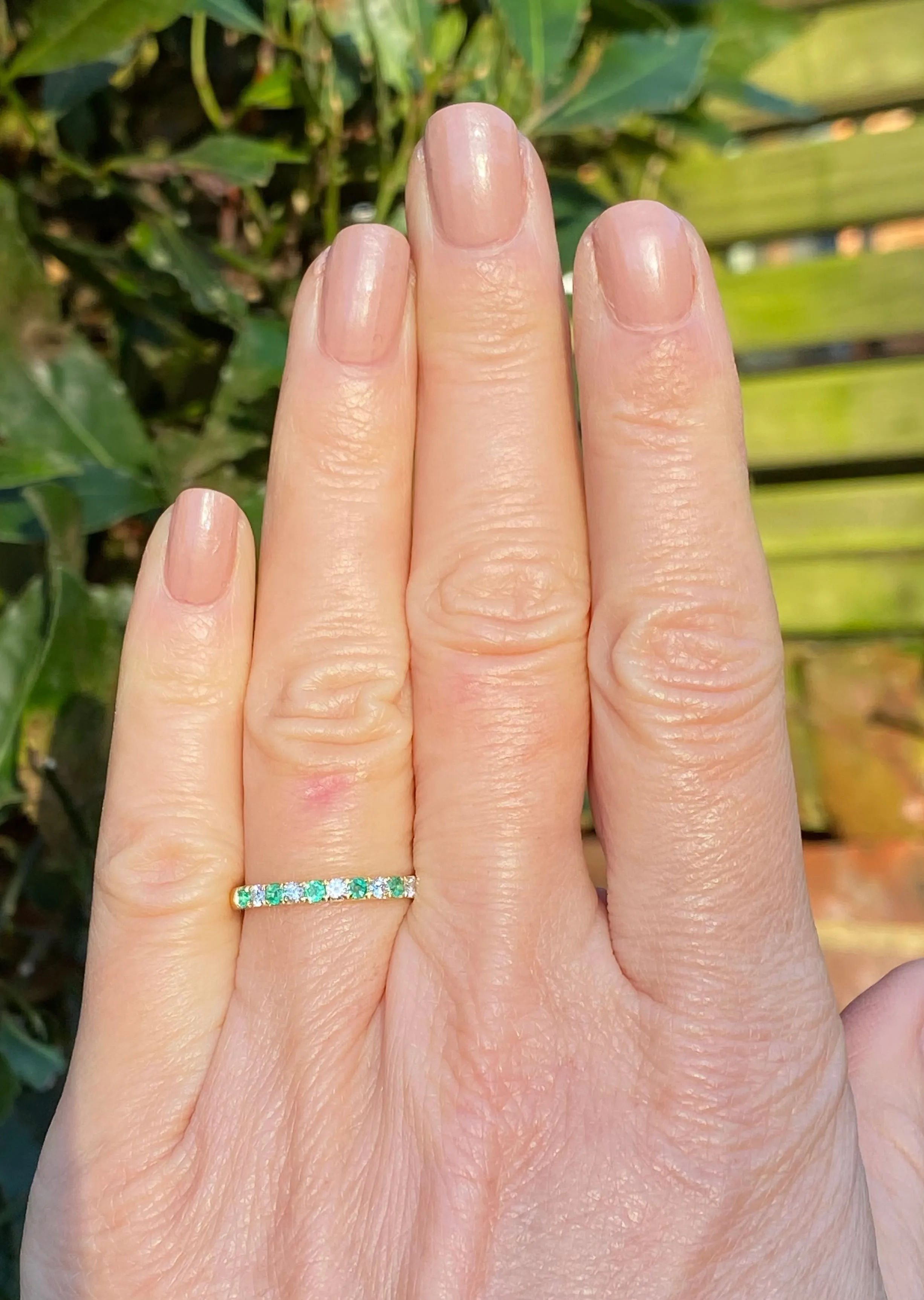 Emerald and Diamond Half Eternity Wedding Ring 0.17ct   0.19ct 18ct Yellow Gold
