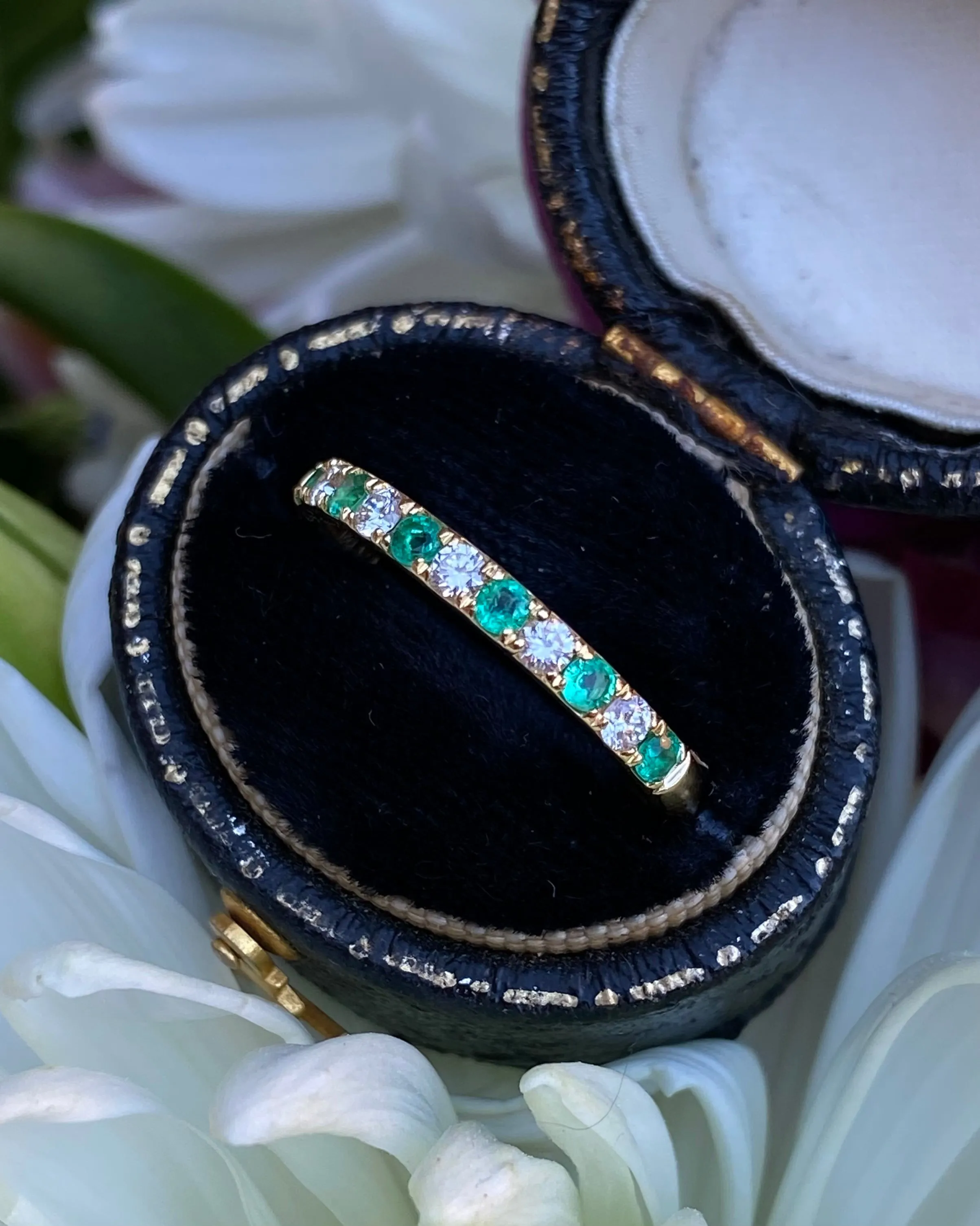 Emerald and Diamond Half Eternity Wedding Ring 0.17ct   0.19ct 18ct Yellow Gold