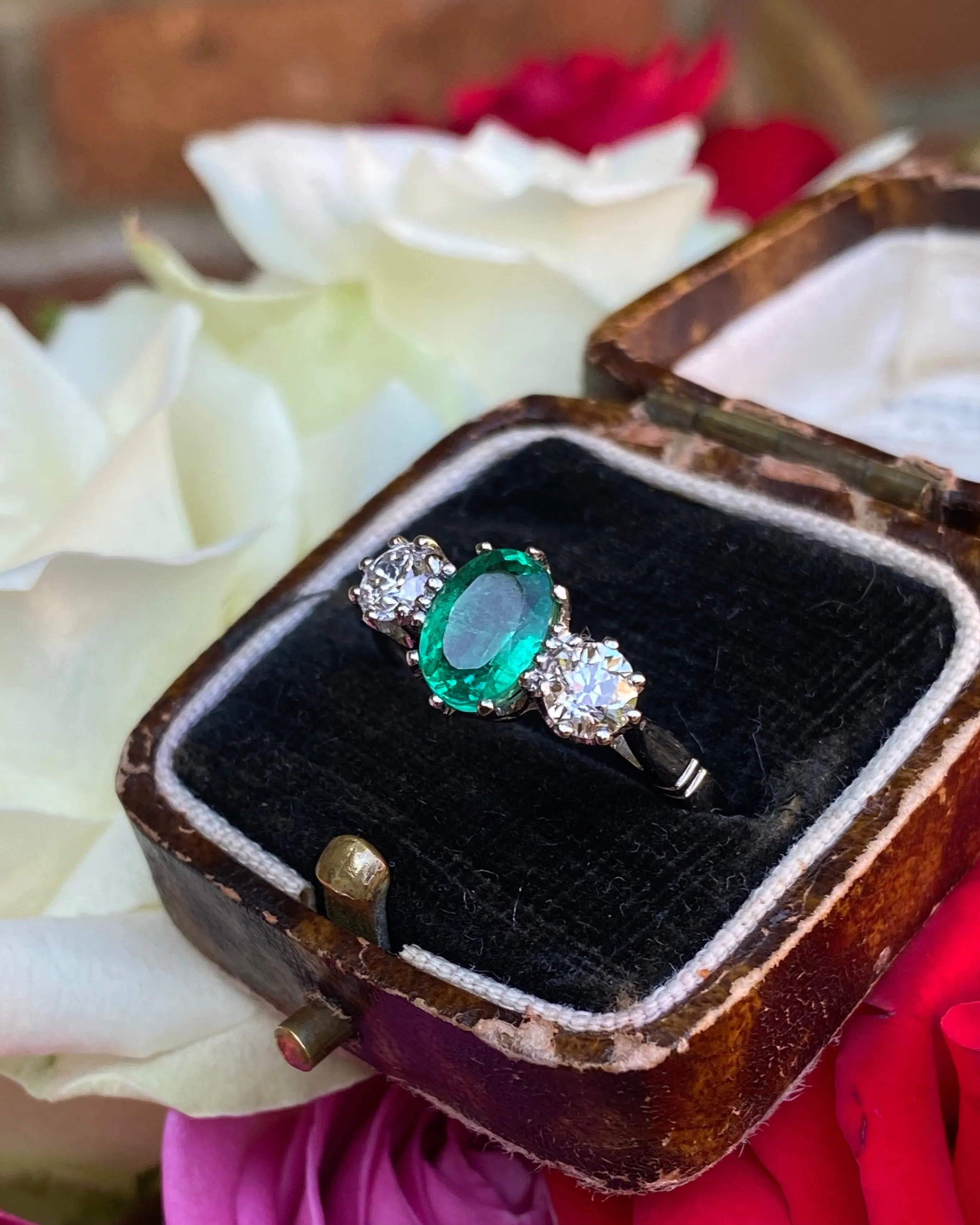 Emerald and Diamond Three Stone Platinum Ring 0.50ct   1.20ct