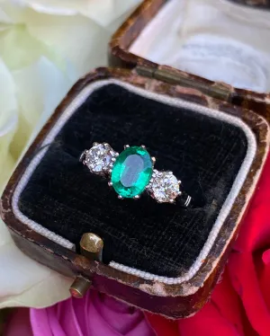 Emerald and Diamond Three Stone Platinum Ring 0.50ct   1.20ct