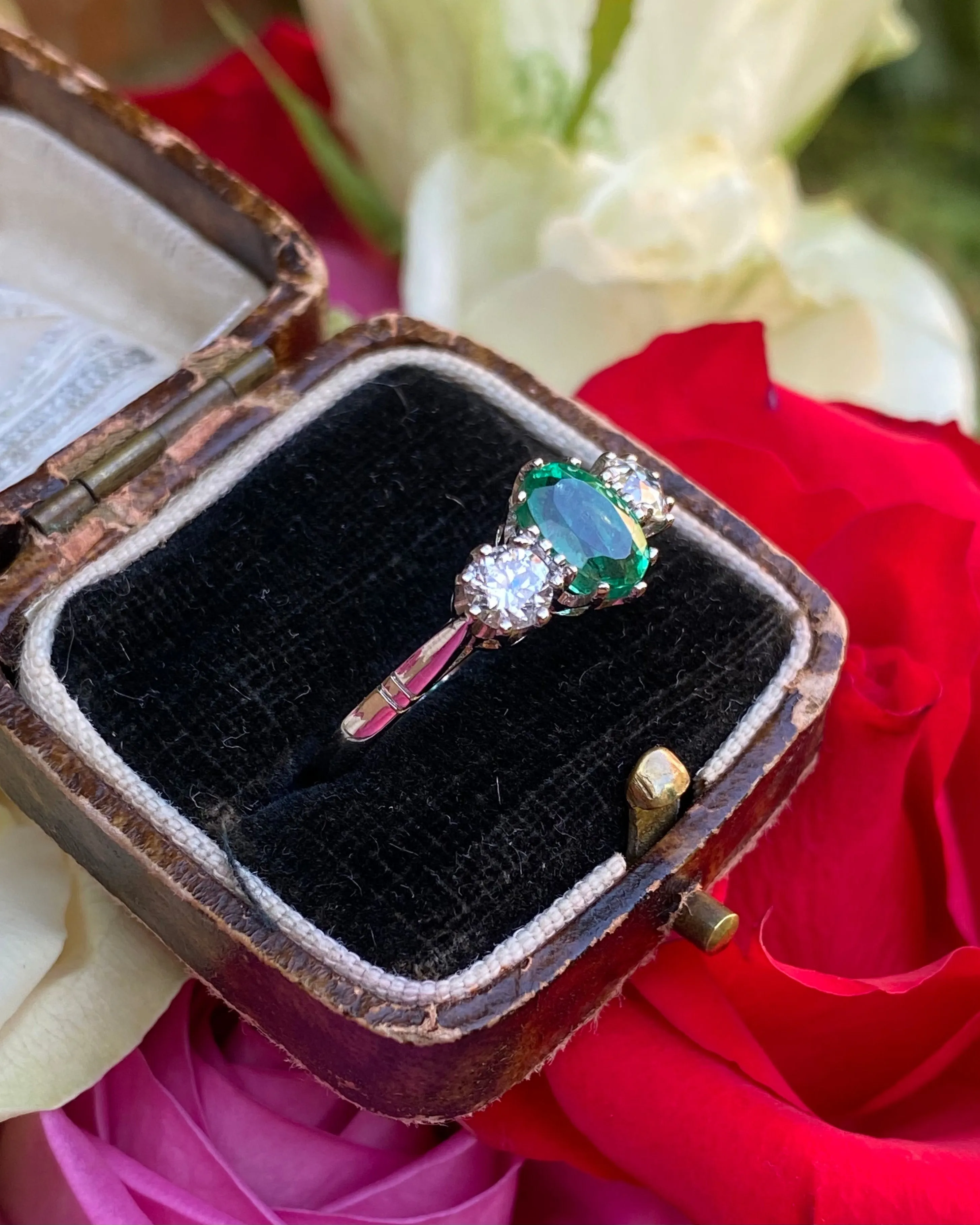 Emerald and Diamond Three Stone Platinum Ring 0.50ct   1.20ct