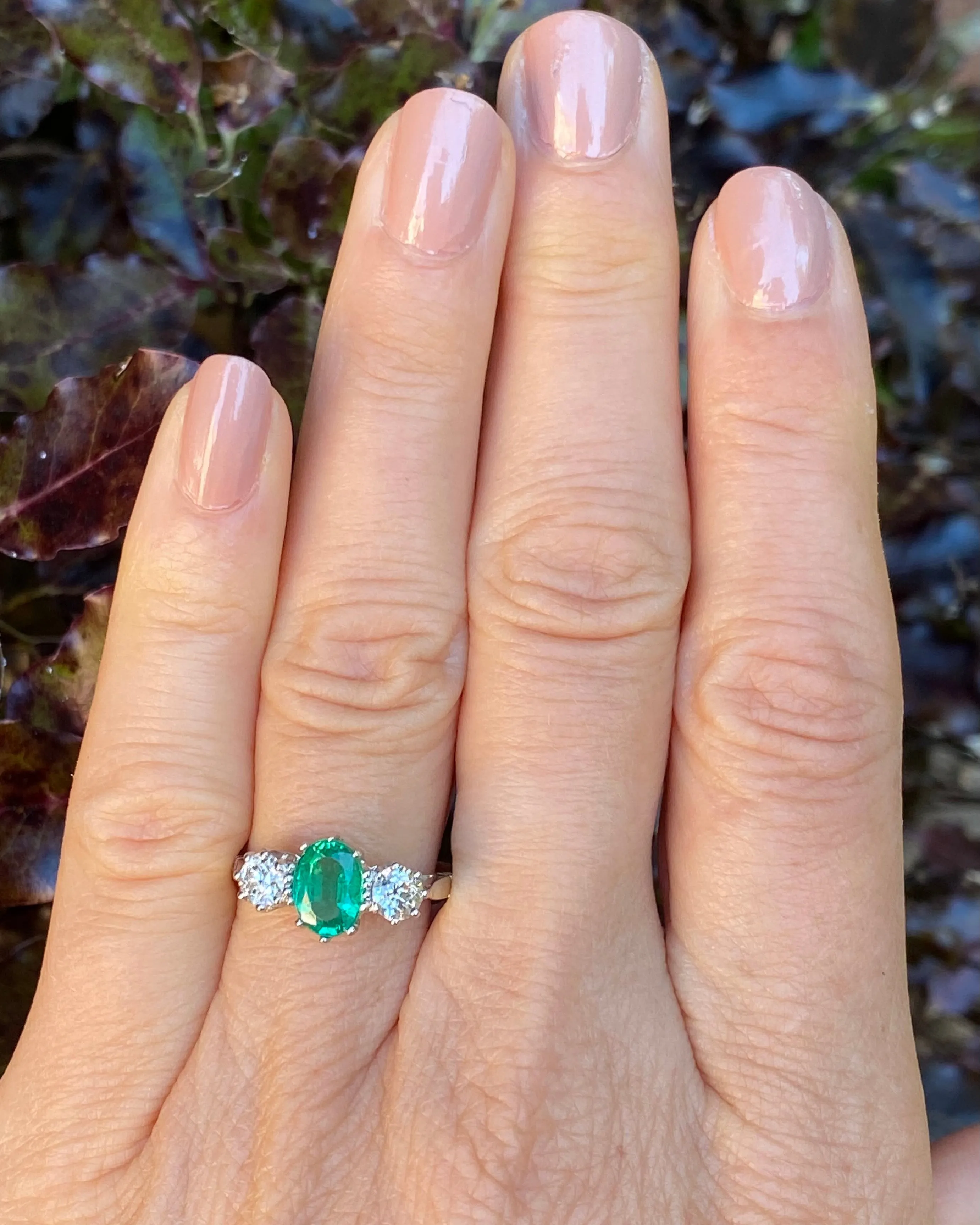 Emerald and Diamond Three Stone Platinum Ring 0.50ct   1.20ct