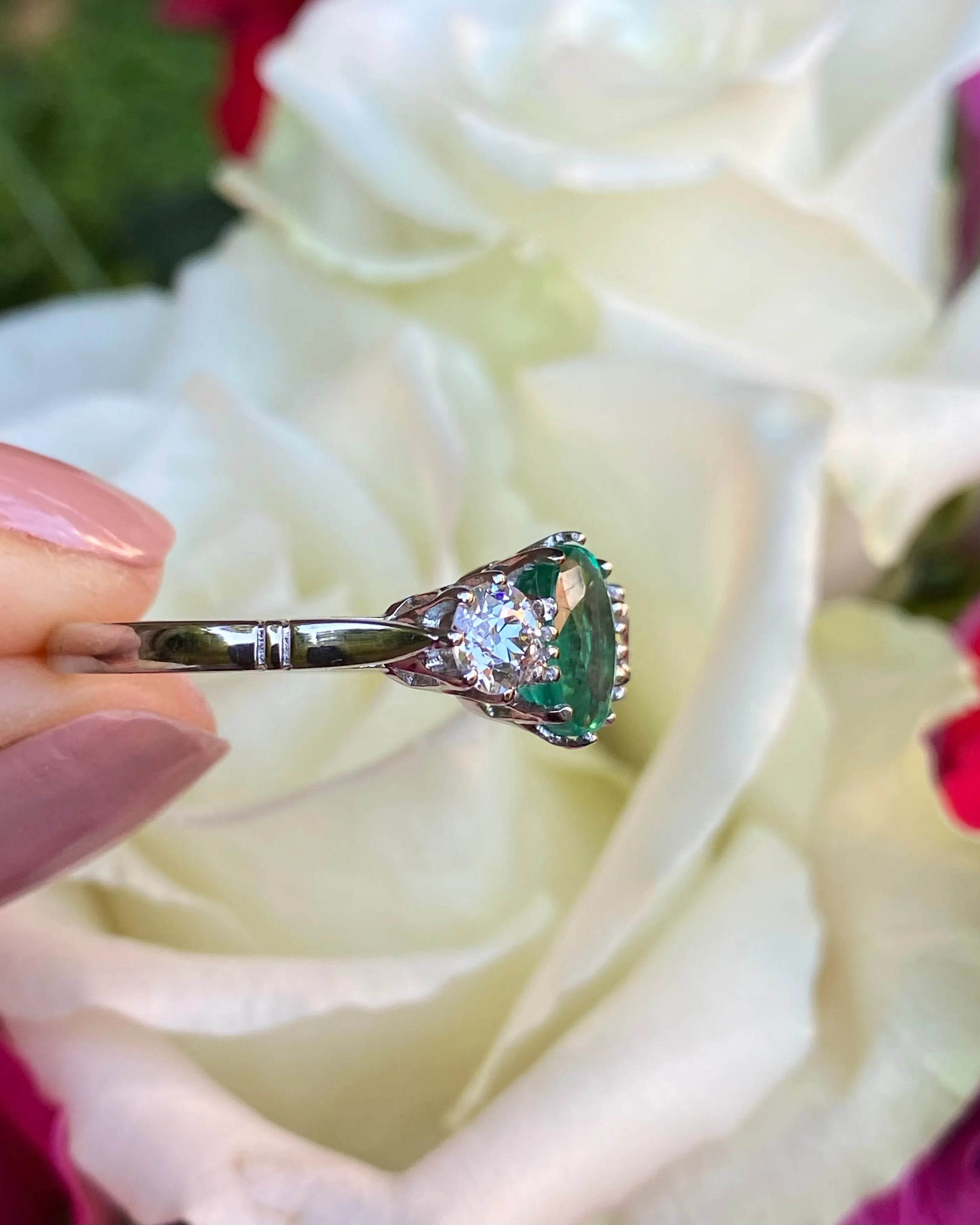 Emerald and Diamond Three Stone Platinum Ring 0.50ct   1.20ct