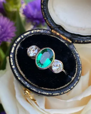 Emerald and Diamond Three Stone Platinum Ring 0.75ct   1.20ct
