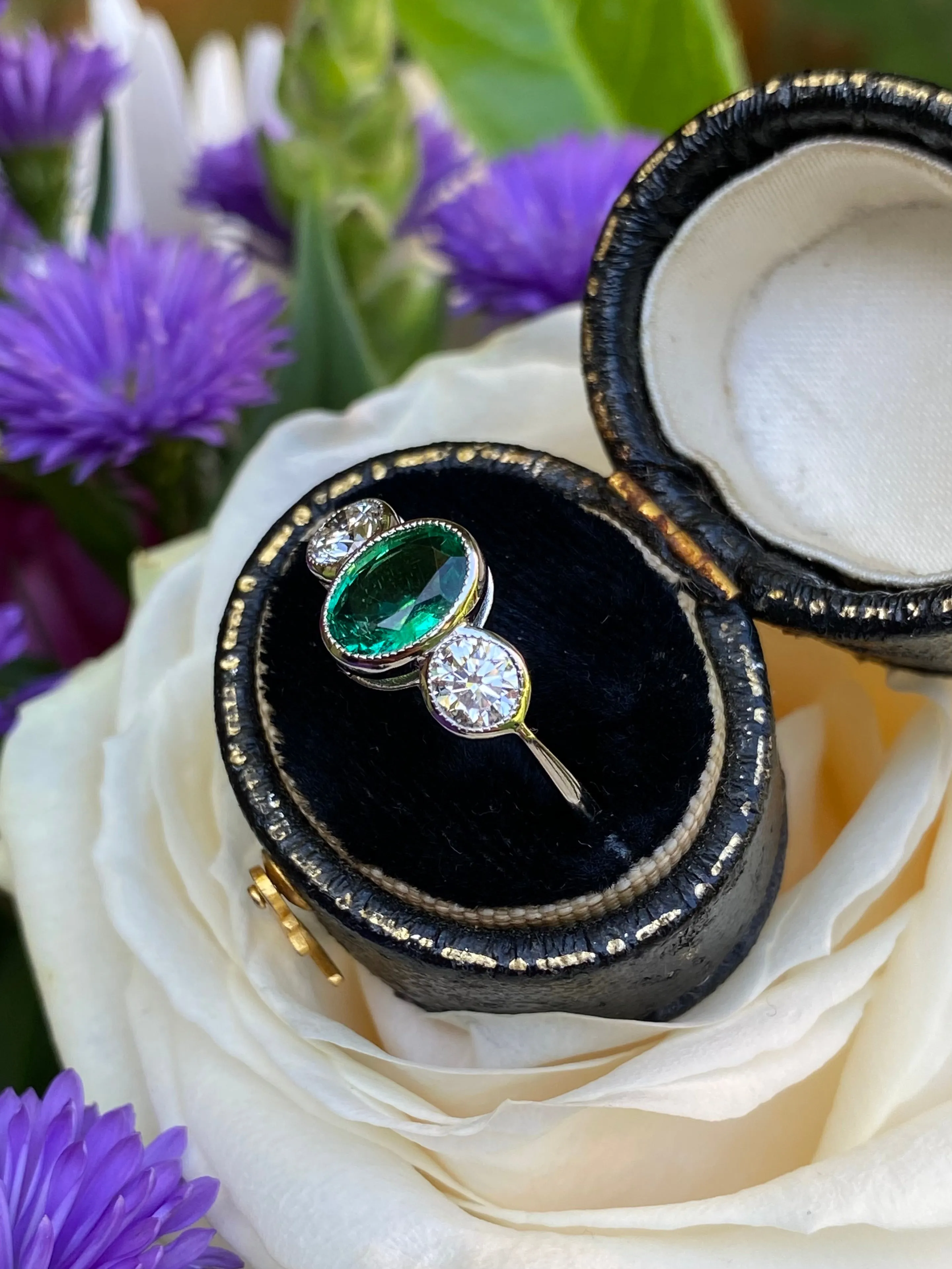 Emerald and Diamond Three Stone Platinum Ring 0.75ct   1.20ct