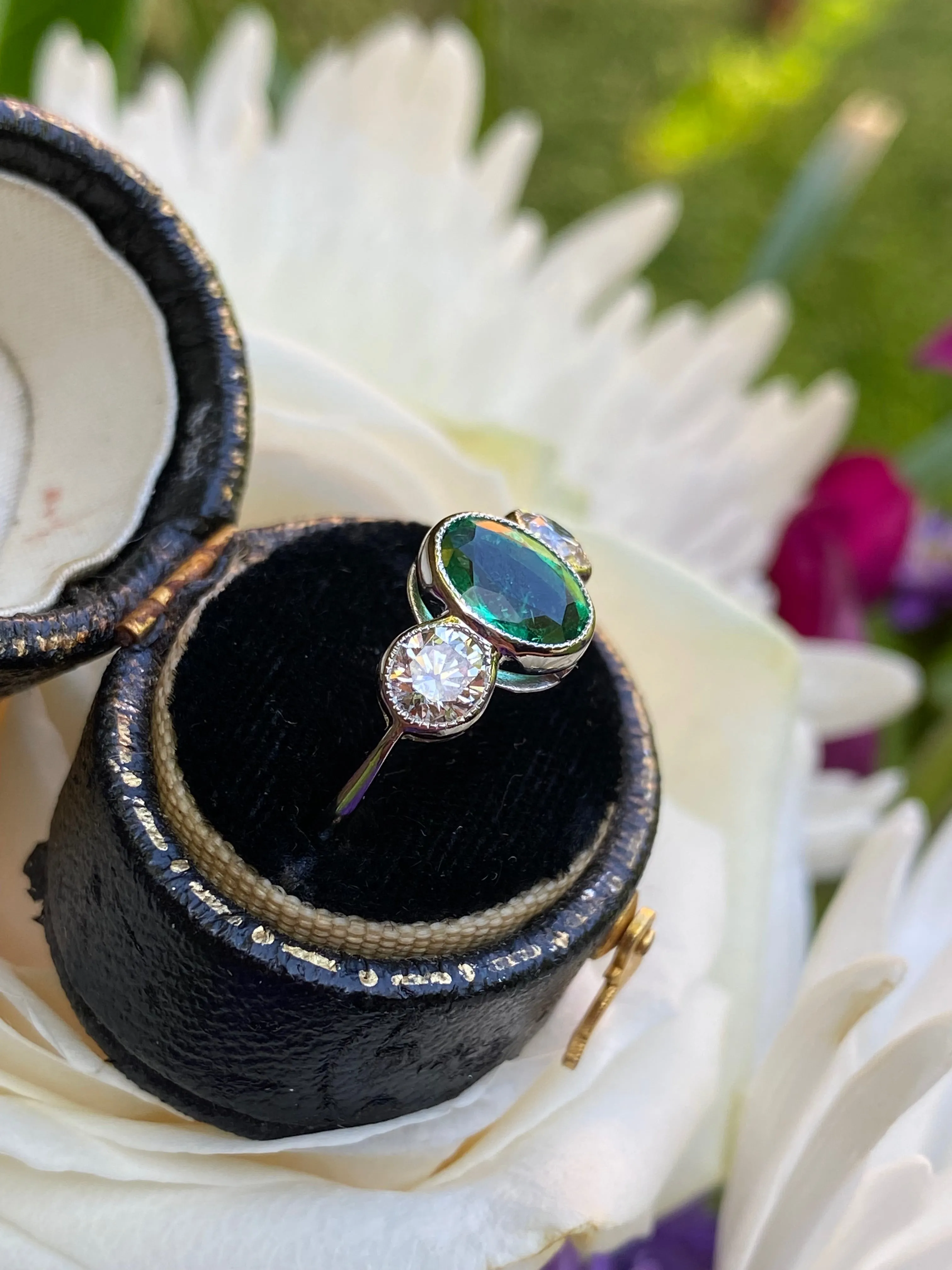Emerald and Diamond Three Stone Platinum Ring 0.75ct   1.20ct