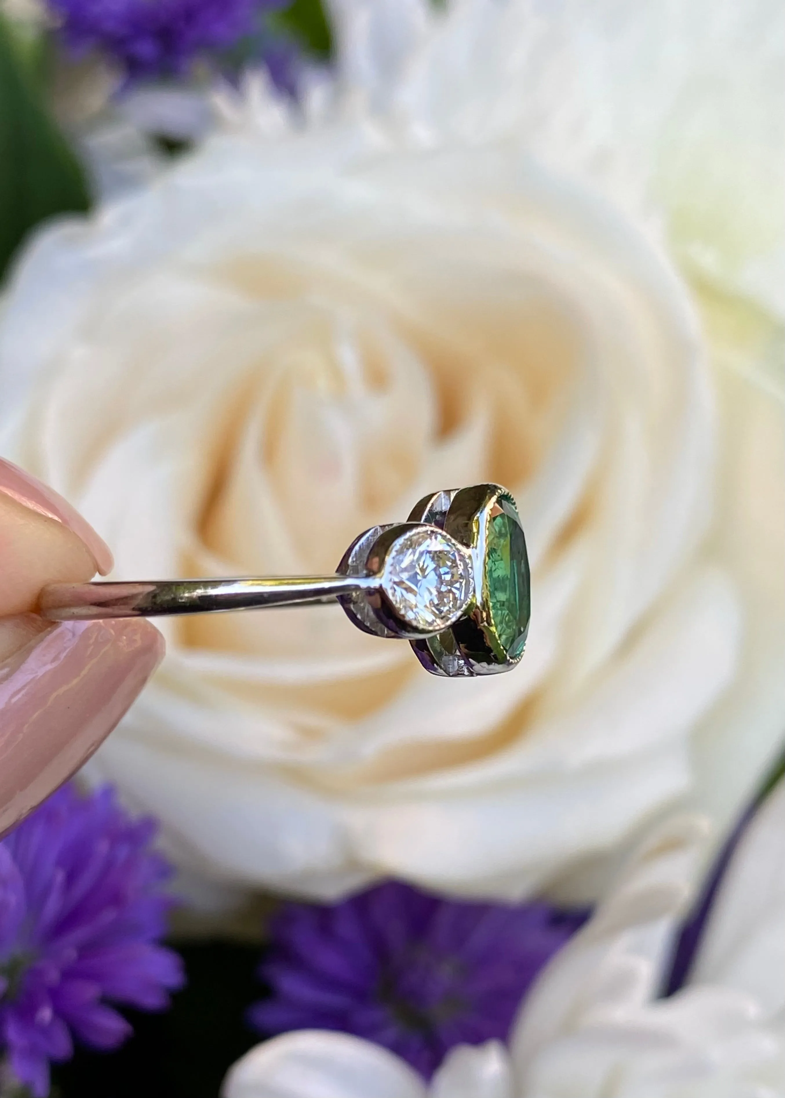 Emerald and Diamond Three Stone Platinum Ring 0.75ct   1.20ct