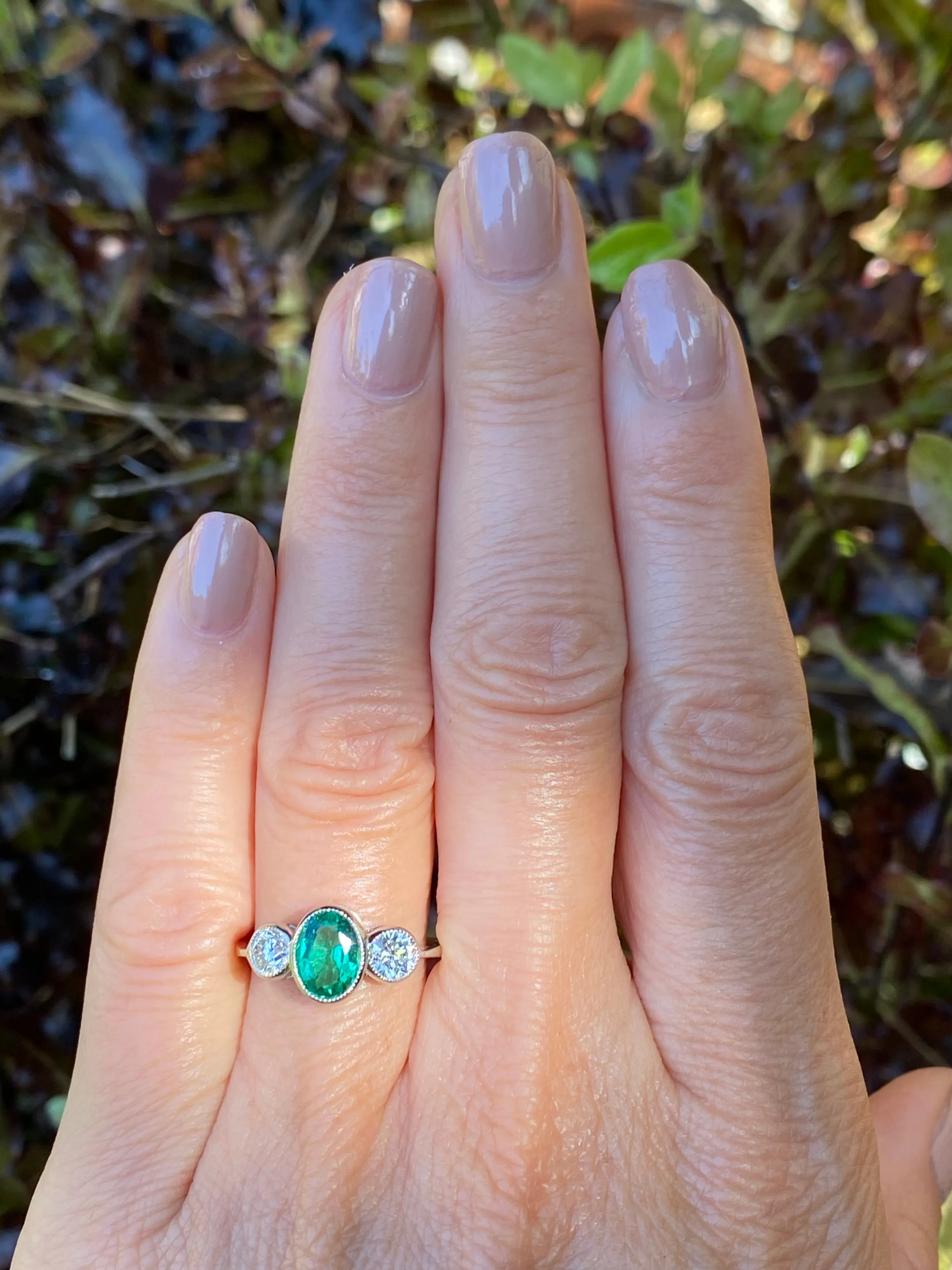 Emerald and Diamond Three Stone Platinum Ring 0.75ct   1.20ct