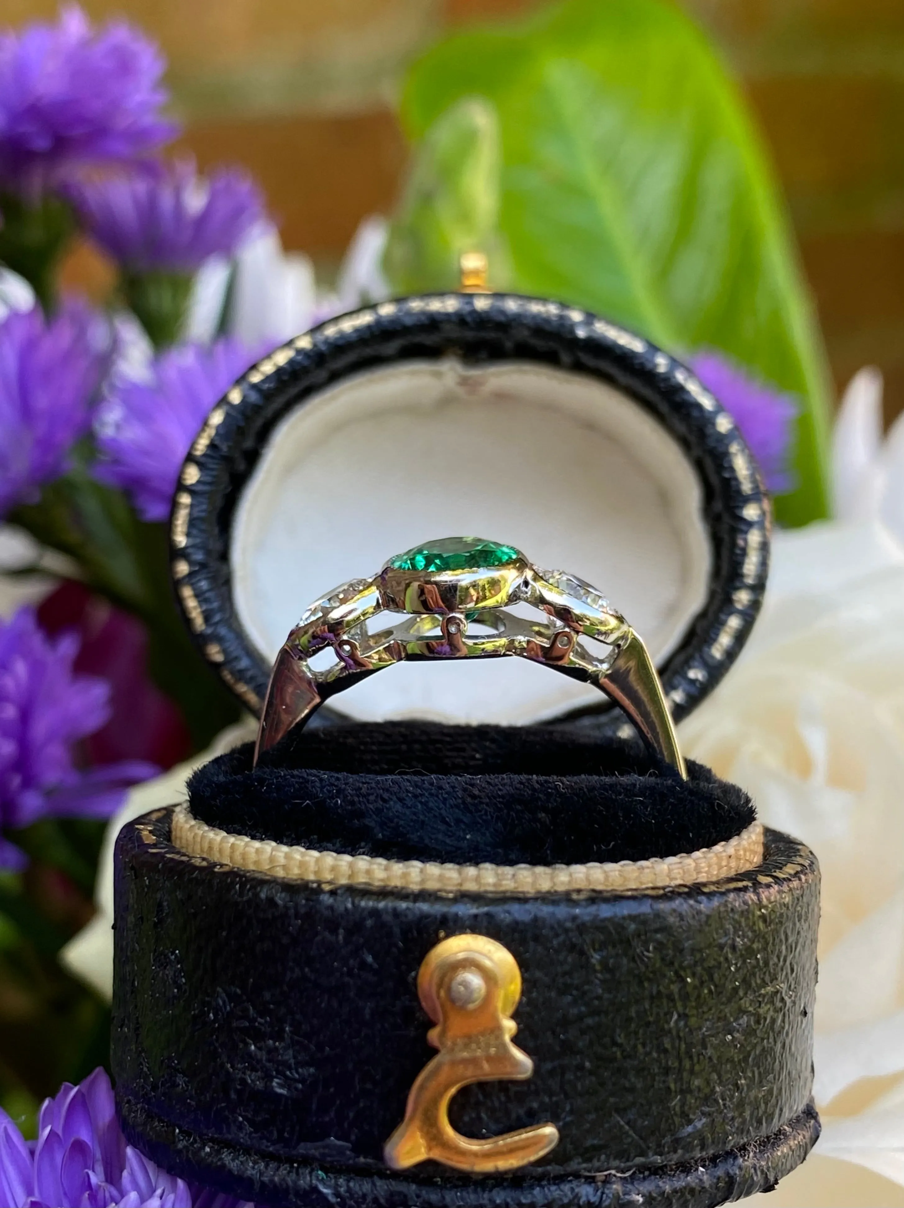 Emerald and Diamond Three Stone Platinum Ring 0.75ct   1.20ct