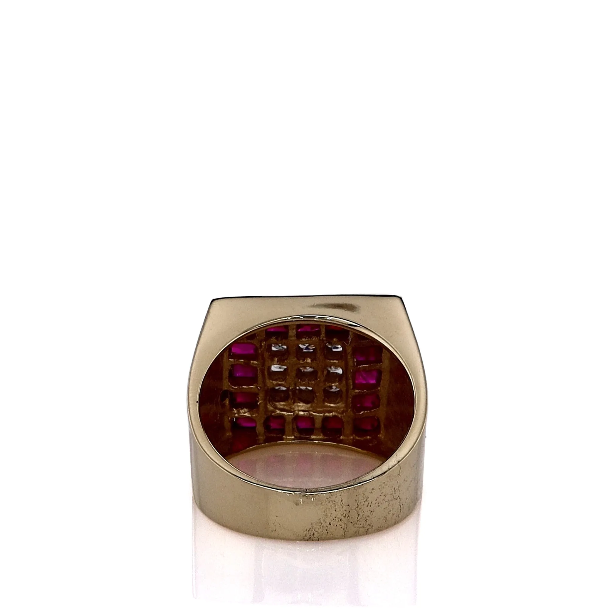 Estate 14k Yellow Gold Gents Diamond Center and Ruby Halo Square Top Ring