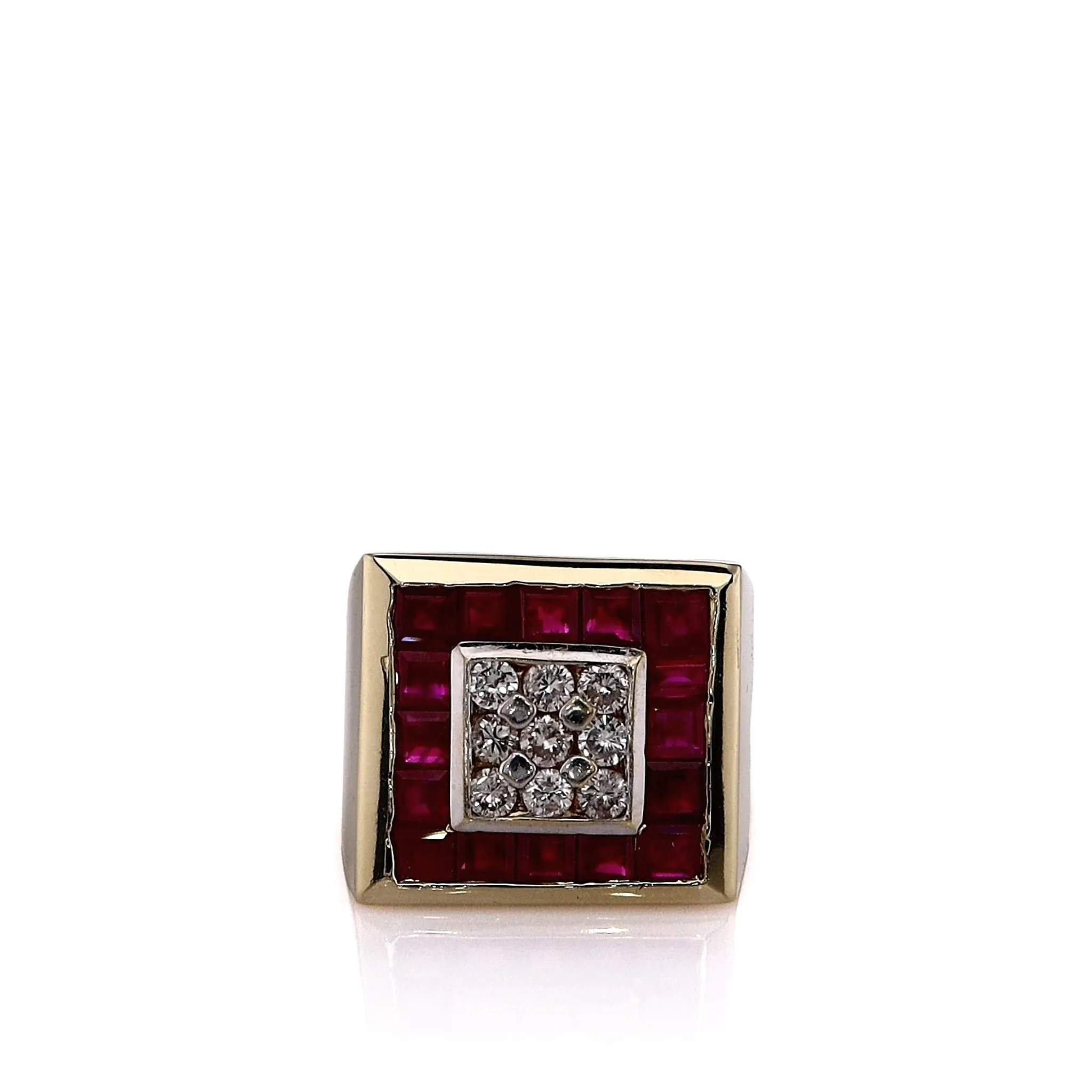 Estate 14k Yellow Gold Gents Diamond Center and Ruby Halo Square Top Ring