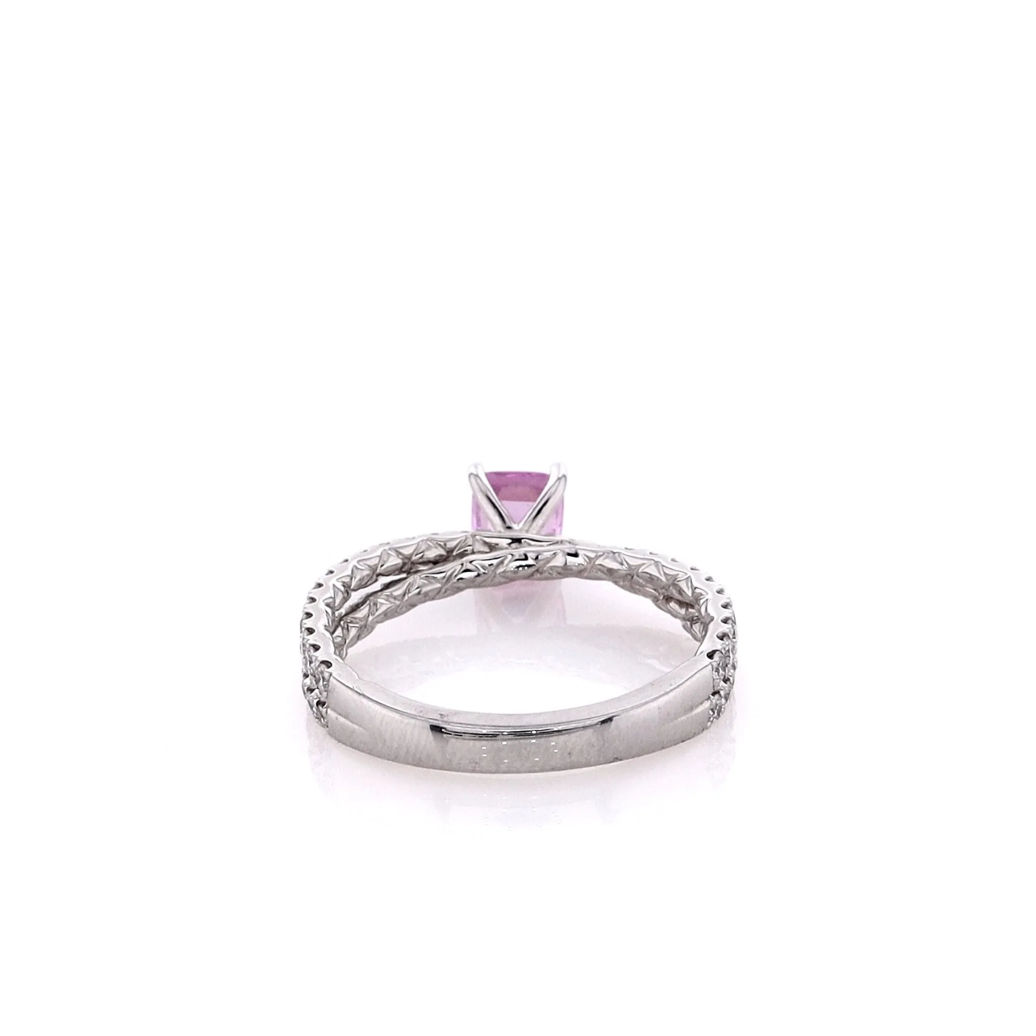 Estate 18k White Gold Cushion Pink Sapphire and Diamond Crossover Shank Ring