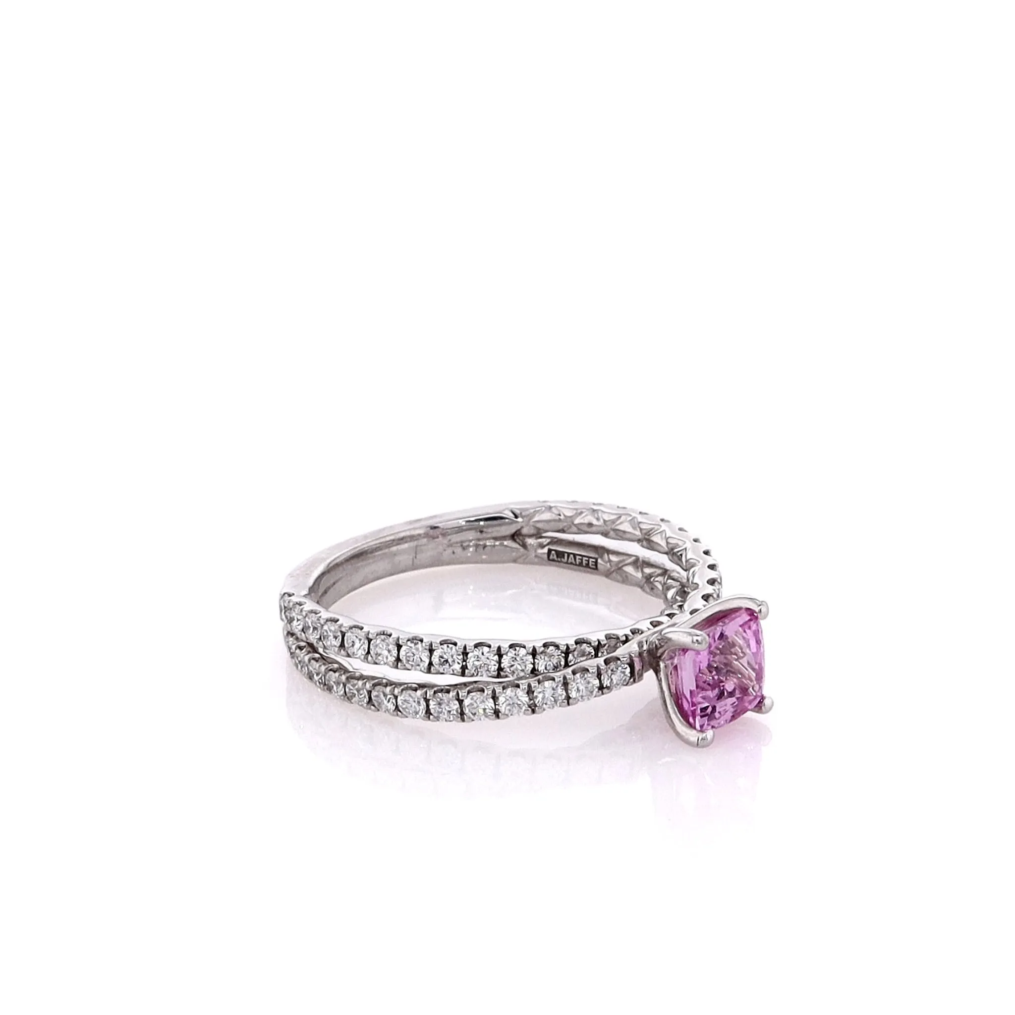 Estate 18k White Gold Cushion Pink Sapphire and Diamond Crossover Shank Ring