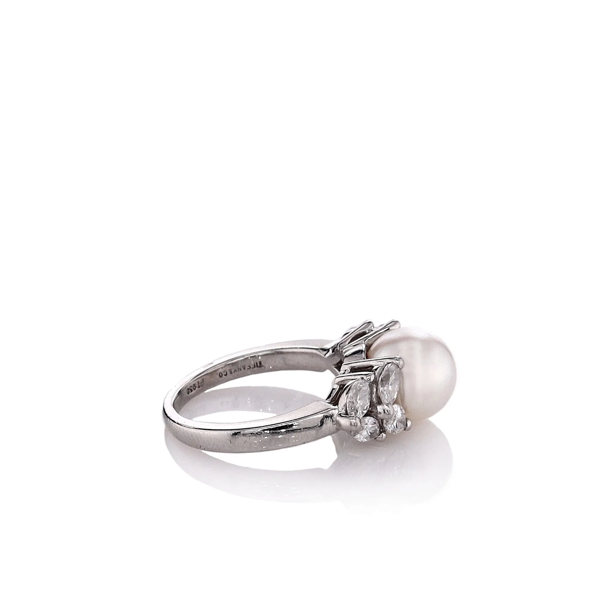 Estate Tiffany & Co Victoria Collection Platinum Pearl and Marquise Diamond Ring
