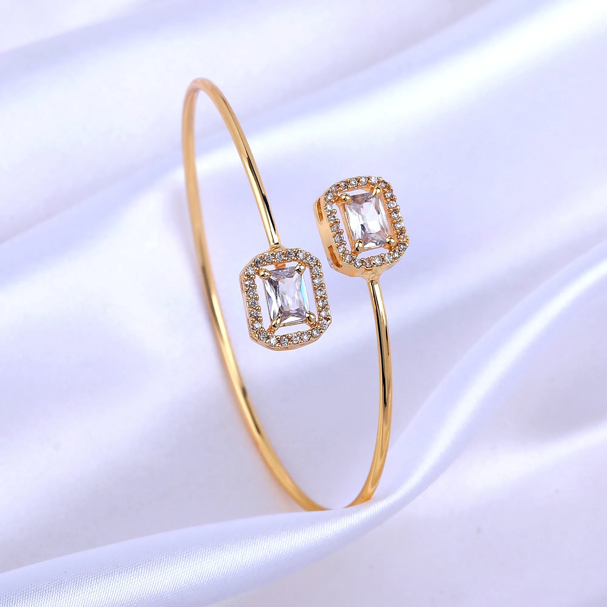 Estele Gold Plated Gorgeous Square Pattern Lightweight Cuff Kada Bracelet with White American Diamonds for Girls & Women
