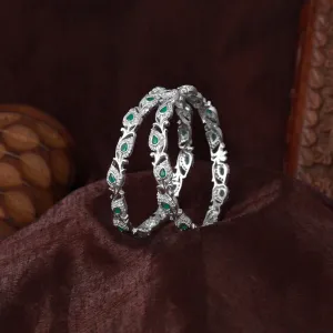 Estele Rhodium Plated Vintage-Inspired Floral & Leafy Designer 2:6 Size Bangles with Green Crystals| Traditional Elegance for Women