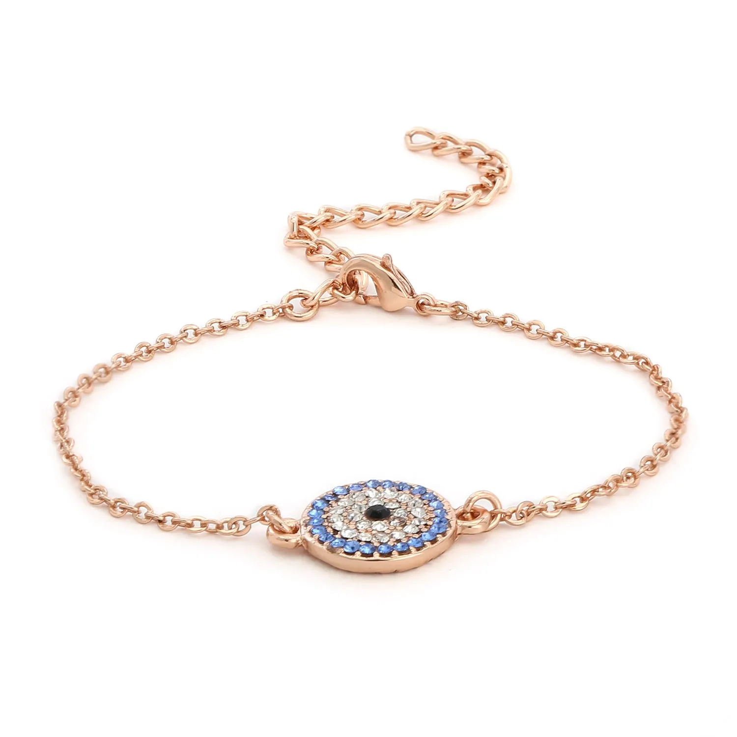 Estele Rose Gold Plated Coin Evil Eye Adjustable Charm Bracelet with Blue Austrian Crystals for Girls & Women