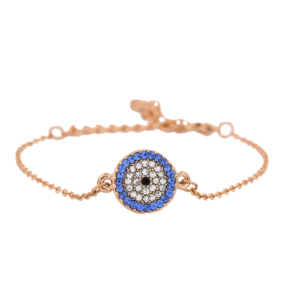 Estele Rose Gold Plated Coin Evil Eye Adjustable Charm Bracelet with Blue Austrian Crystals for Girls & Women