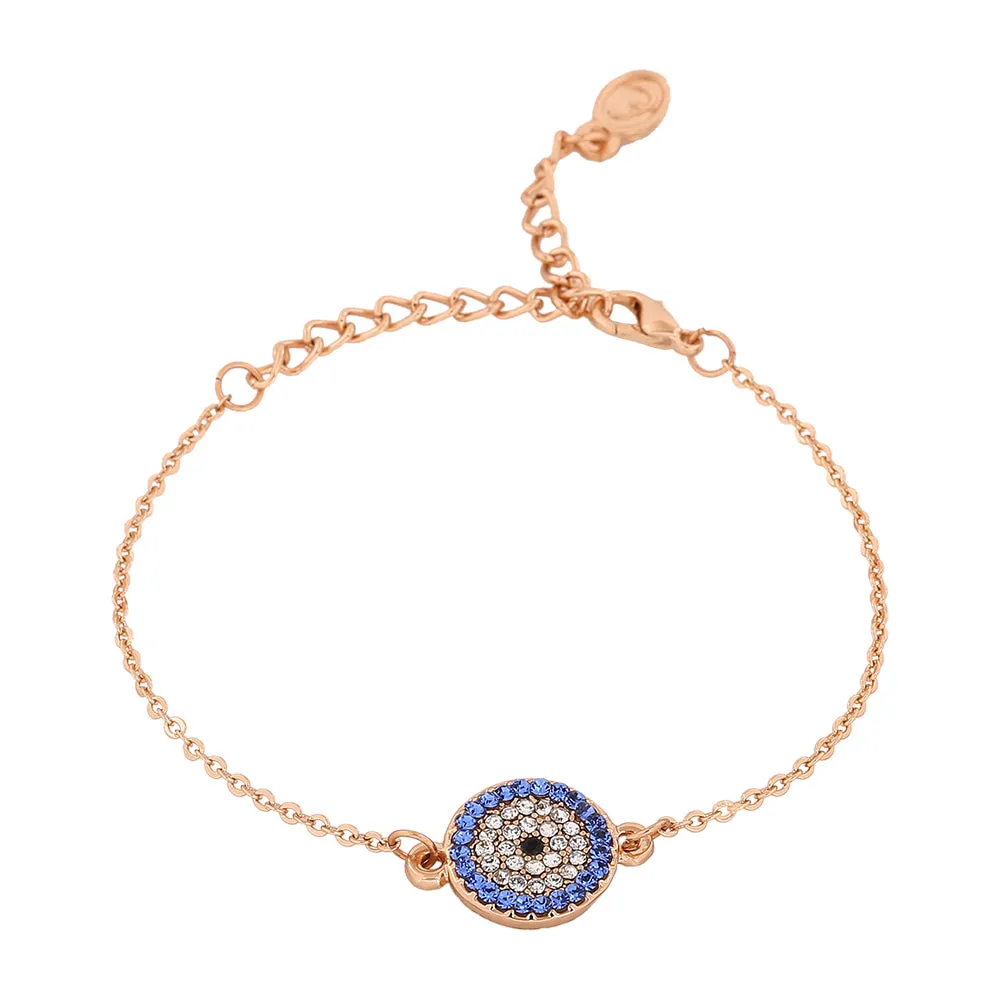 Estele Rose Gold Plated Coin Evil Eye Adjustable Charm Bracelet with Blue Austrian Crystals for Girls & Women