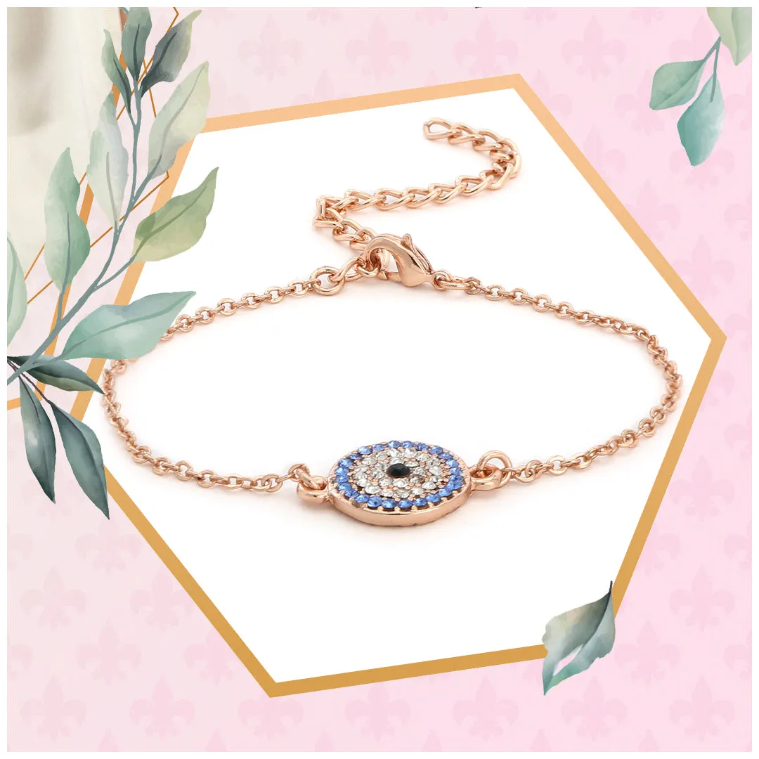 Estele Rose Gold Plated Coin Evil Eye Adjustable Charm Bracelet with Blue Austrian Crystals for Girls & Women
