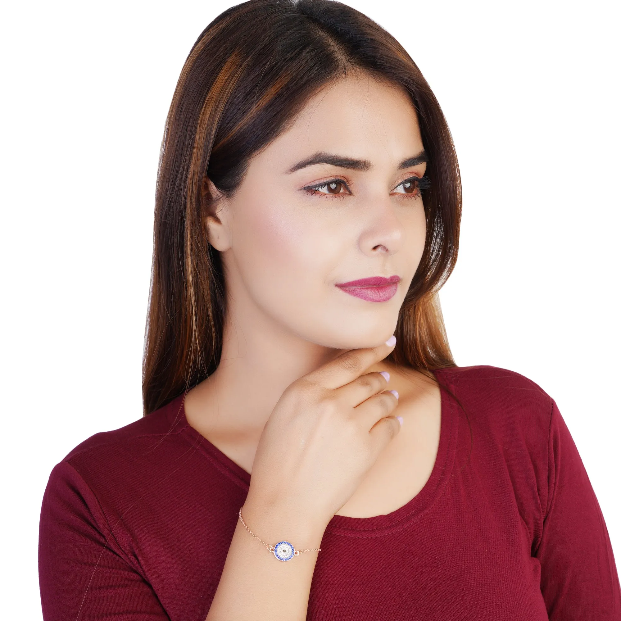 Estele Rose Gold Plated Coin Evil Eye Adjustable Charm Bracelet with Blue Austrian Crystals for Girls & Women