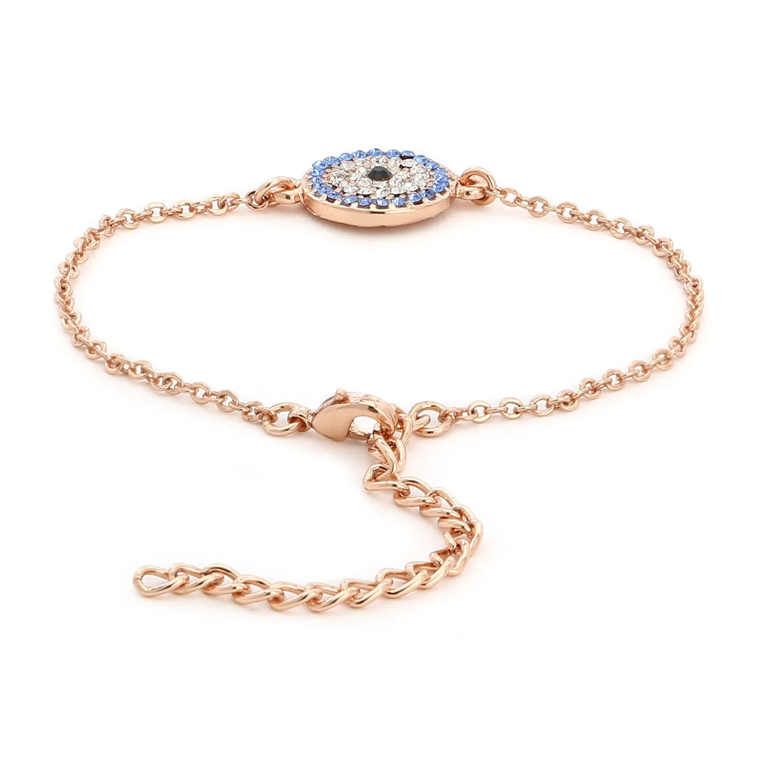 Estele Rose Gold Plated Coin Evil Eye Adjustable Charm Bracelet with Blue Austrian Crystals for Girls & Women