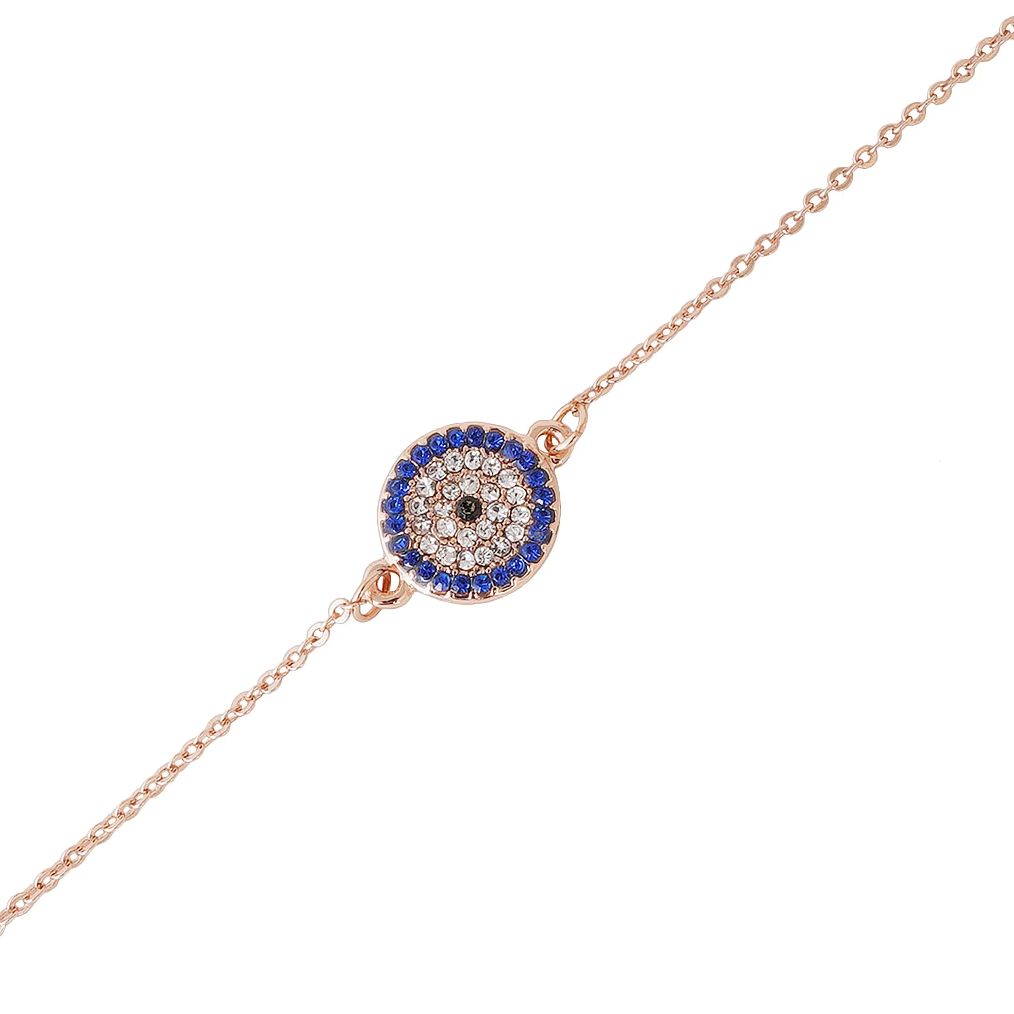 Estele Rose Gold Plated Coin Evil Eye Adjustable Charm Bracelet with Blue Austrian Crystals for Girls & Women