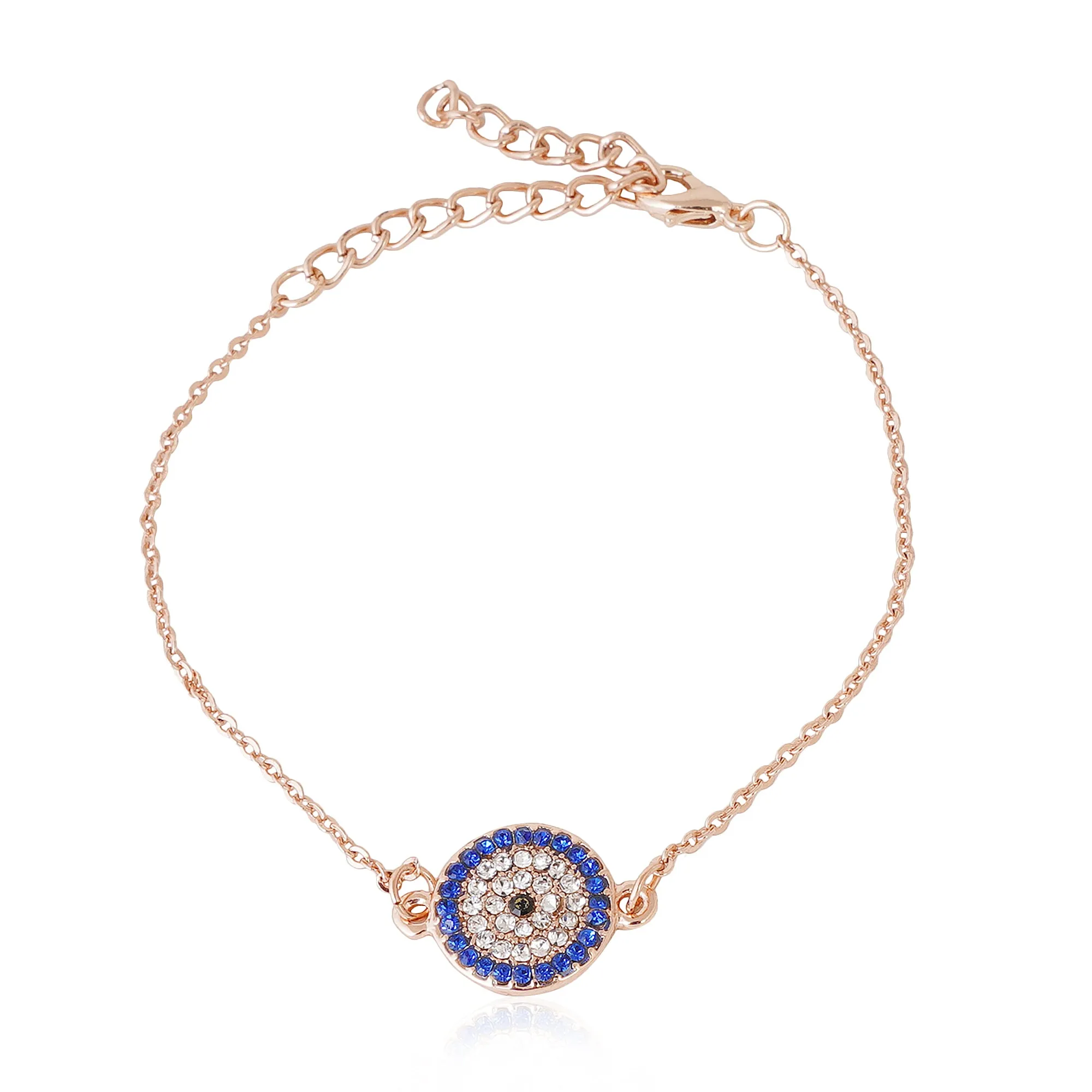 Estele Rose Gold Plated Coin Evil Eye Adjustable Charm Bracelet with Blue Austrian Crystals for Girls & Women