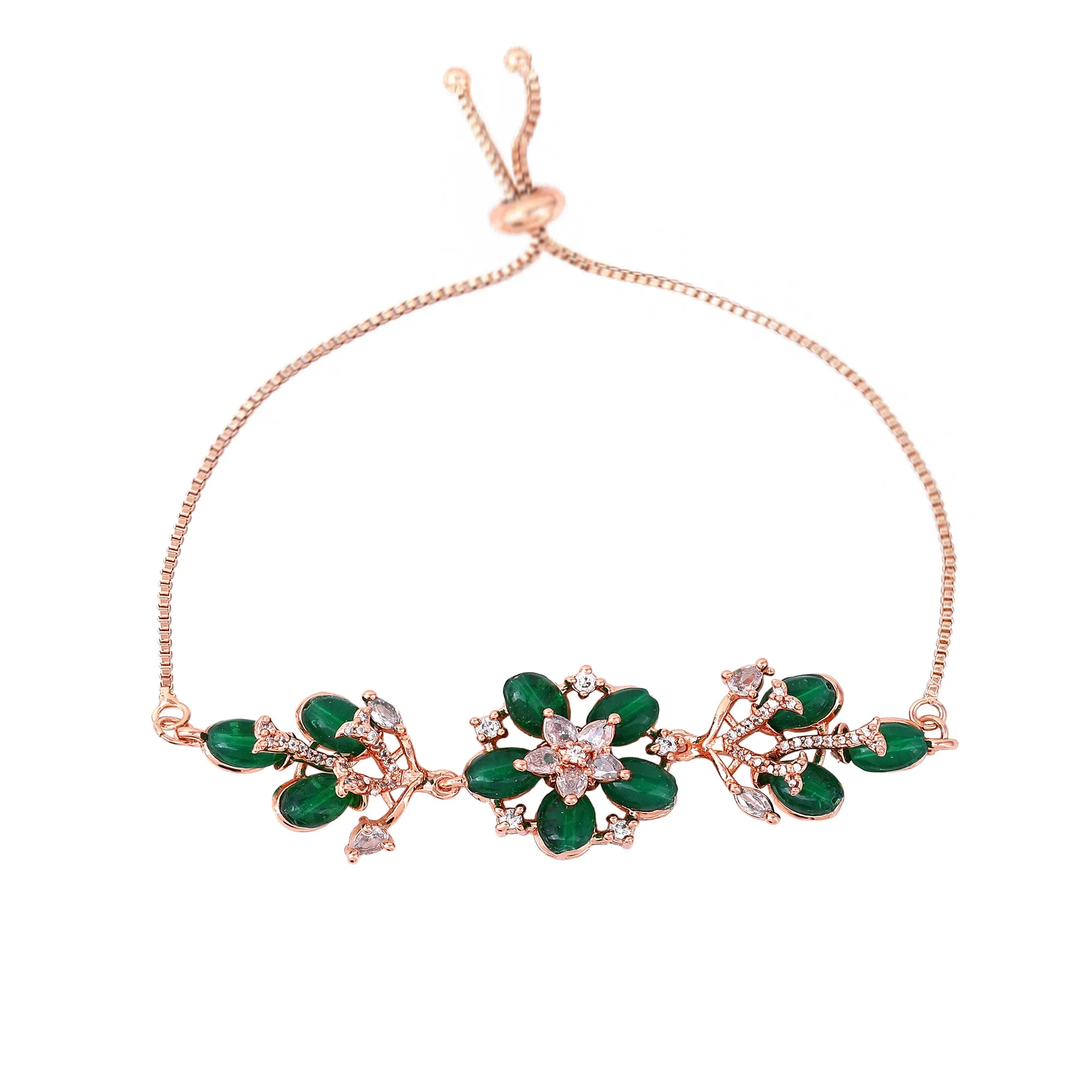 Estele Rosegold Plated Flower-Inspired Green Beaded Adjustable Varya Bracelet|An Elegant Wristwear for Fashionable Women