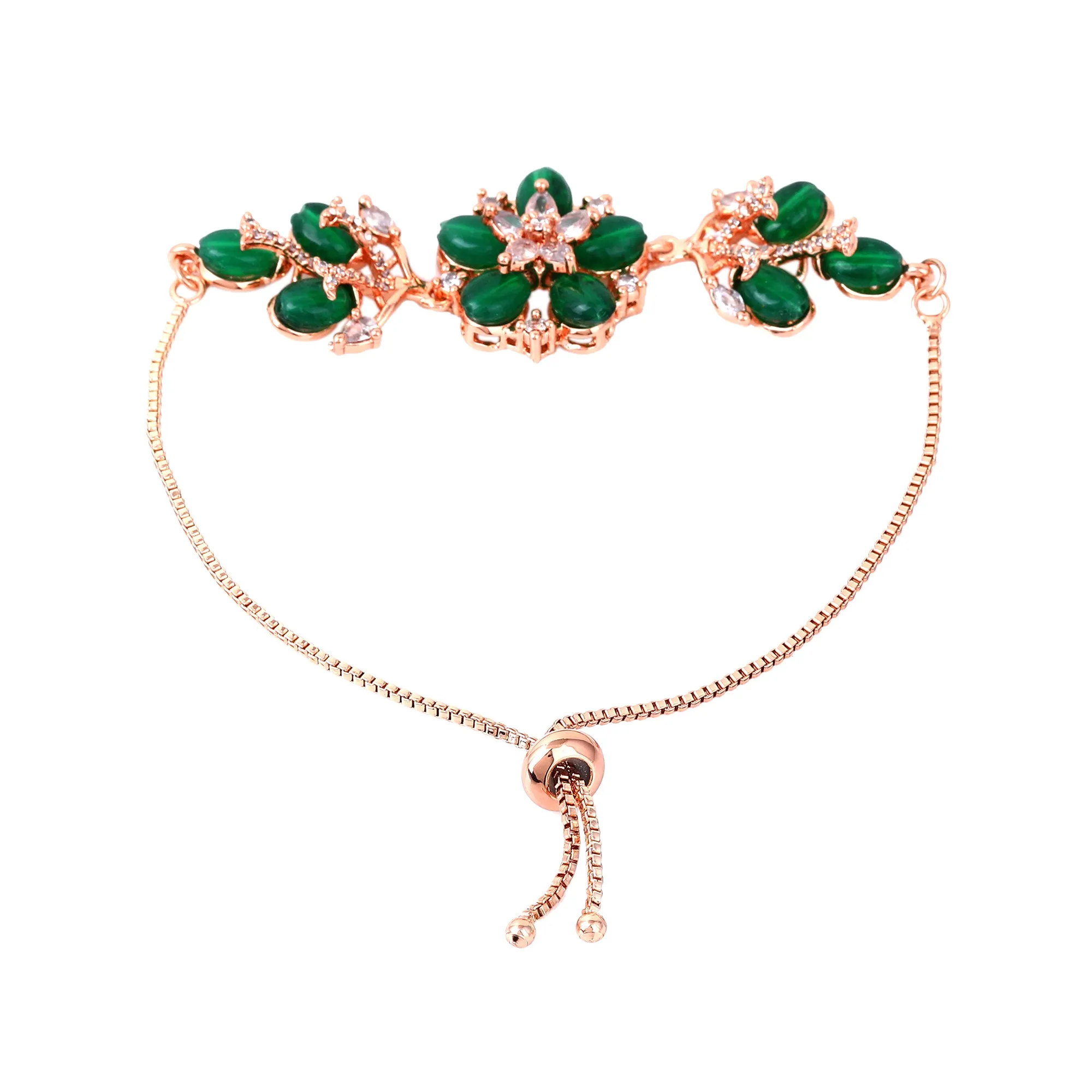 Estele Rosegold Plated Flower-Inspired Green Beaded Adjustable Varya Bracelet|An Elegant Wristwear for Fashionable Women