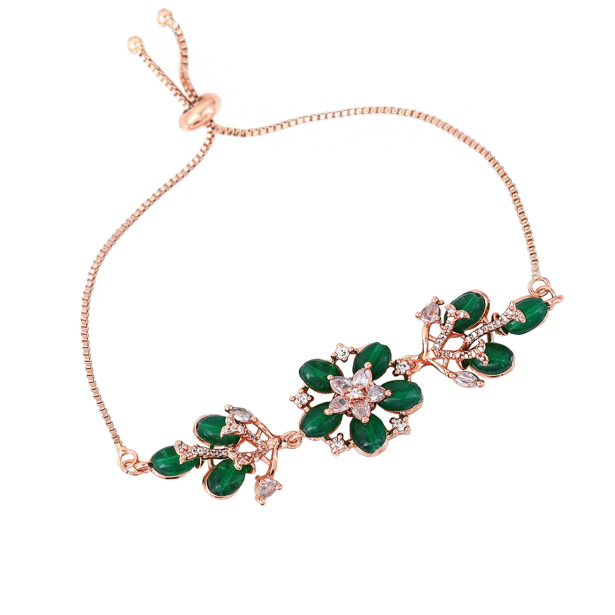 Estele Rosegold Plated Flower-Inspired Green Beaded Adjustable Varya Bracelet|An Elegant Wristwear for Fashionable Women