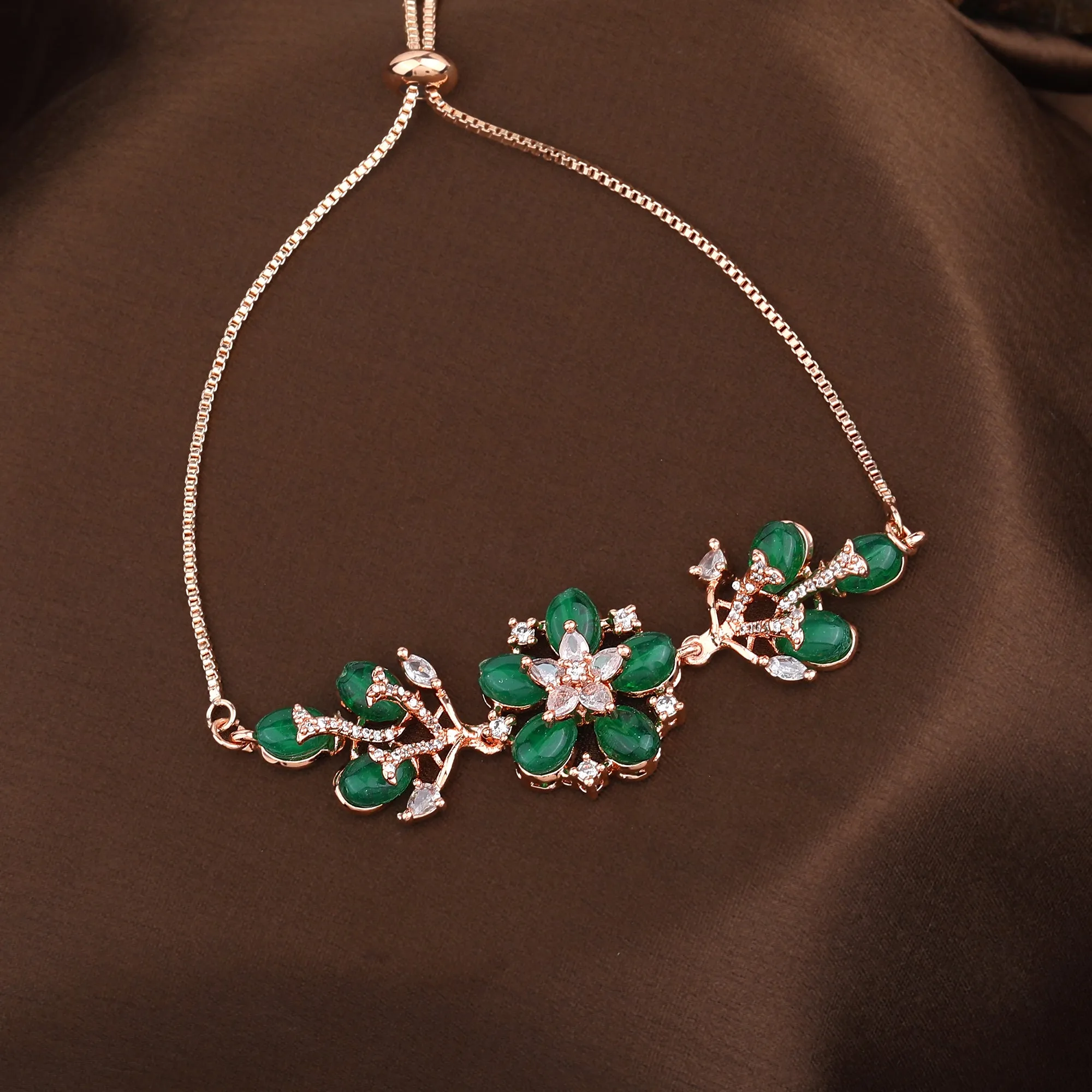 Estele Rosegold Plated Flower-Inspired Green Beaded Adjustable Varya Bracelet|An Elegant Wristwear for Fashionable Women
